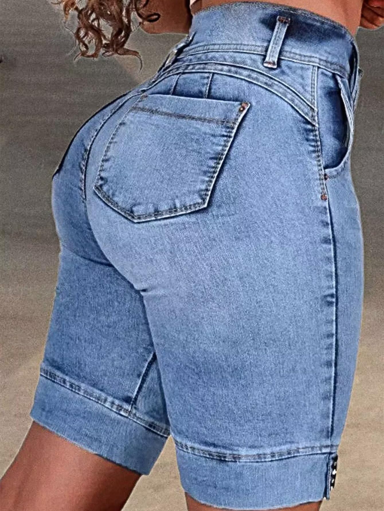 Flamingals High Waist Ripped Denim Bermuda Shorts for Women - Butt Lifting Skinny Jean Shorts | Trendy Distressed Denim Shorts for Summer, Casual Outfits & Beach Wear