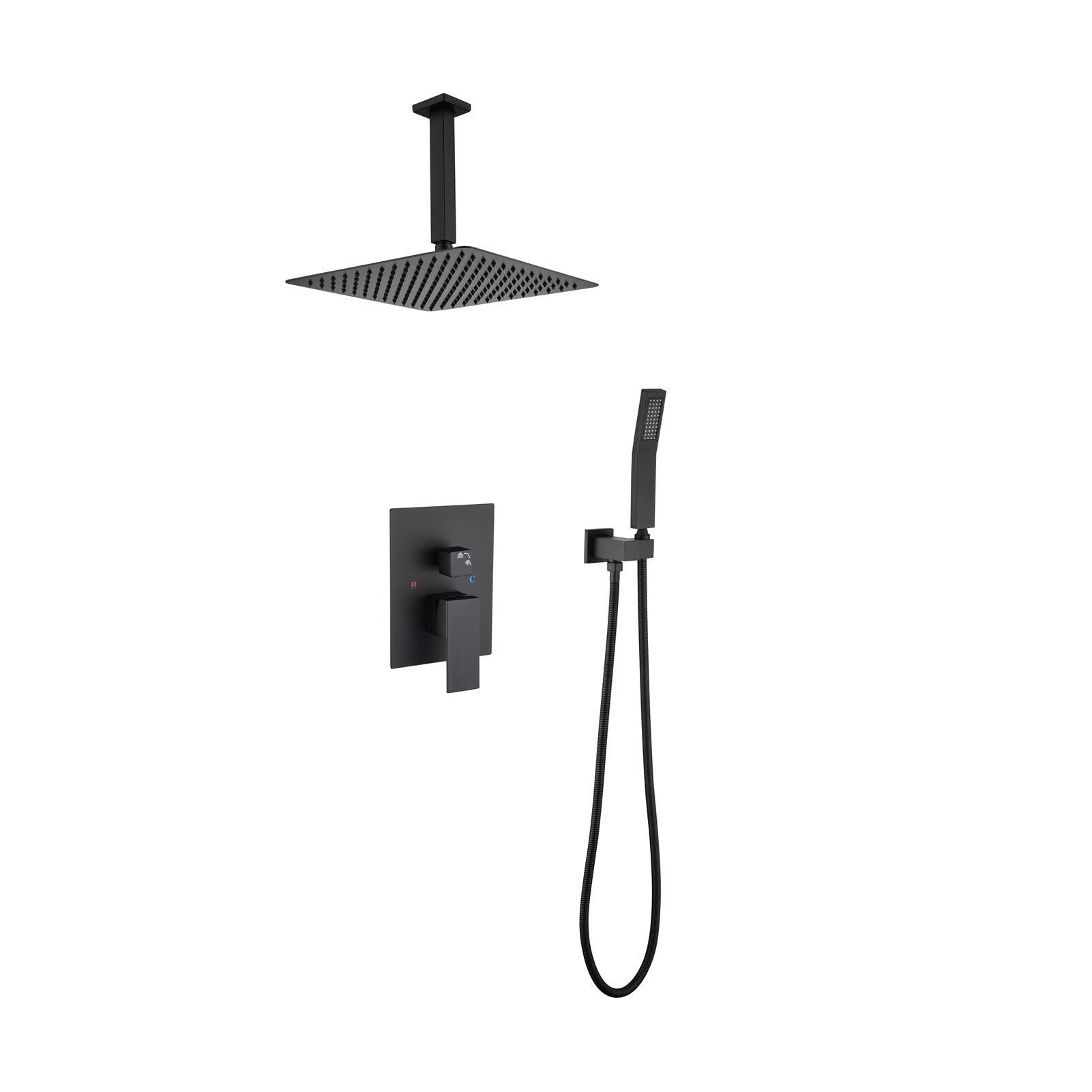 Luxury Matte Black 12-Inch Ceiling Mounted Rainfall Shower Head System with Mixer Valve - Complete Bathroom Shower Set for Spa-Like Experience - Perfect for Modern Master Bathrooms and Luxury Hotel Renovations