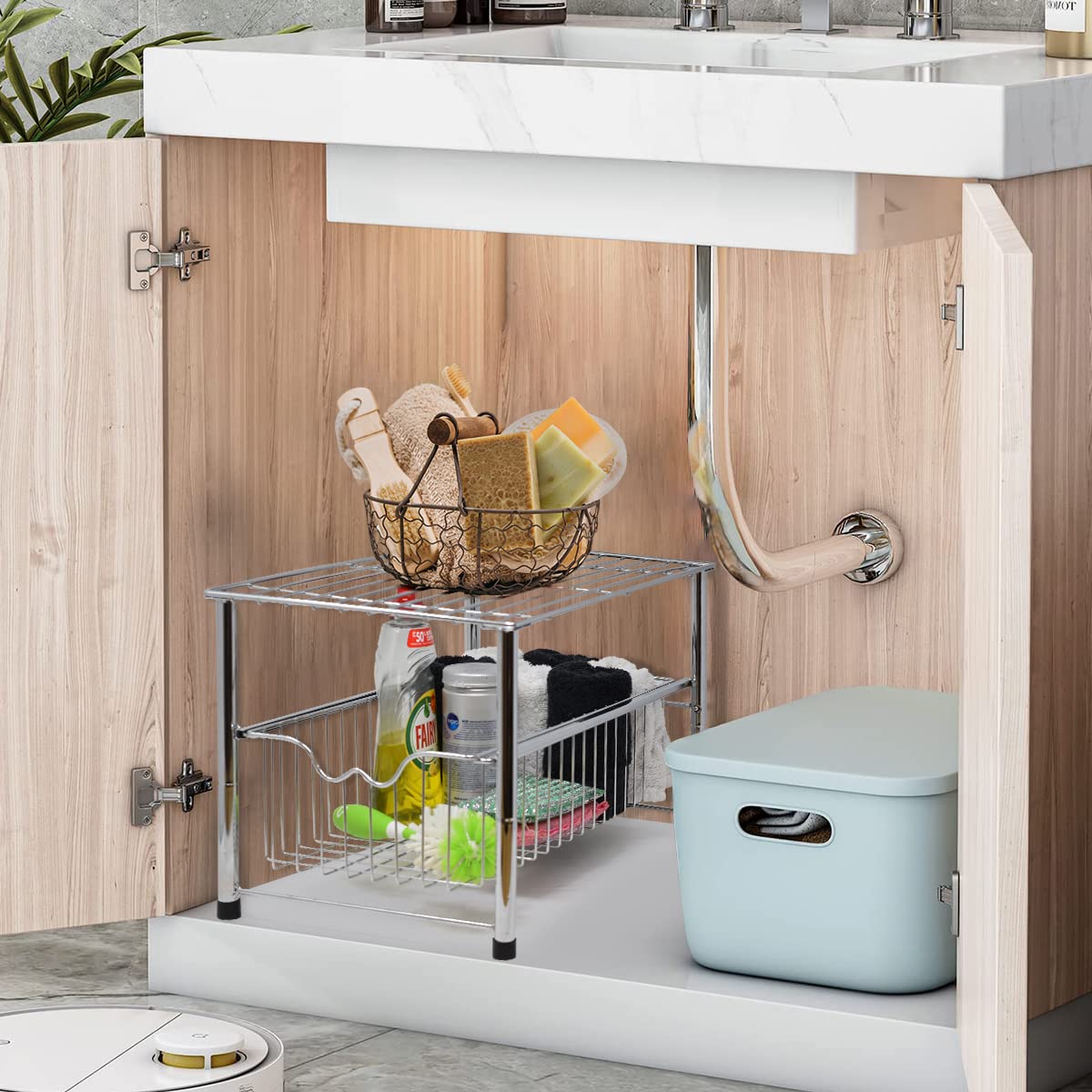 Joeji's Under Sink Organizer - Multi-Purpose Kitchen Cabinet Storage Basket, Iron Chrome Drawer Organizer for Bathroom & Kitchen (Perfect for Sponges, Soaps & Cleaning Supplies)