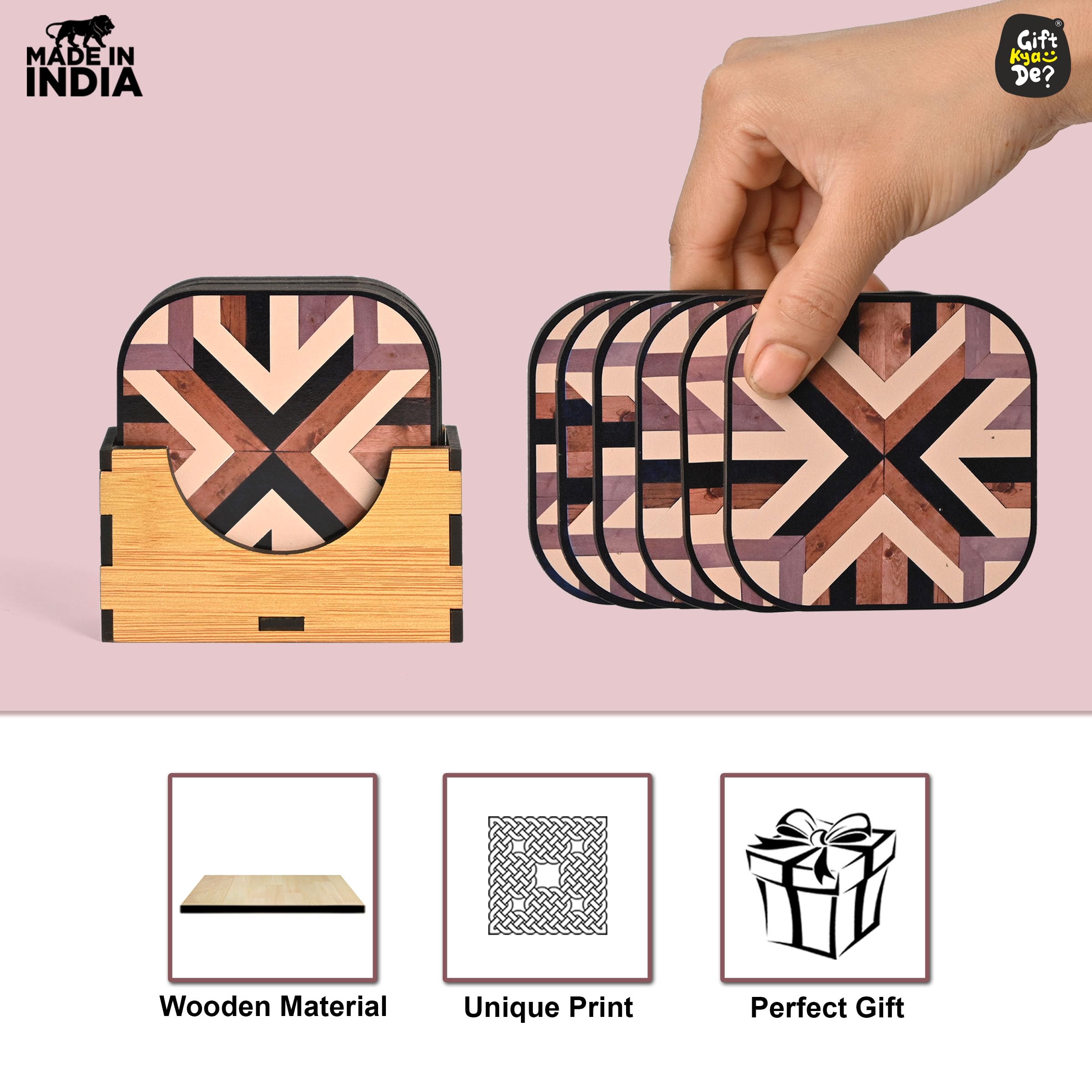 GKD Set of 6 Chevron Pattern Wooden Coasters - 3.8 x 3.8 Inch Square Drink Coasters for Coffee, Tea & Glasses - Eco-Friendly Home Decor for Dining Table, Office Desk & Kitchen Counter