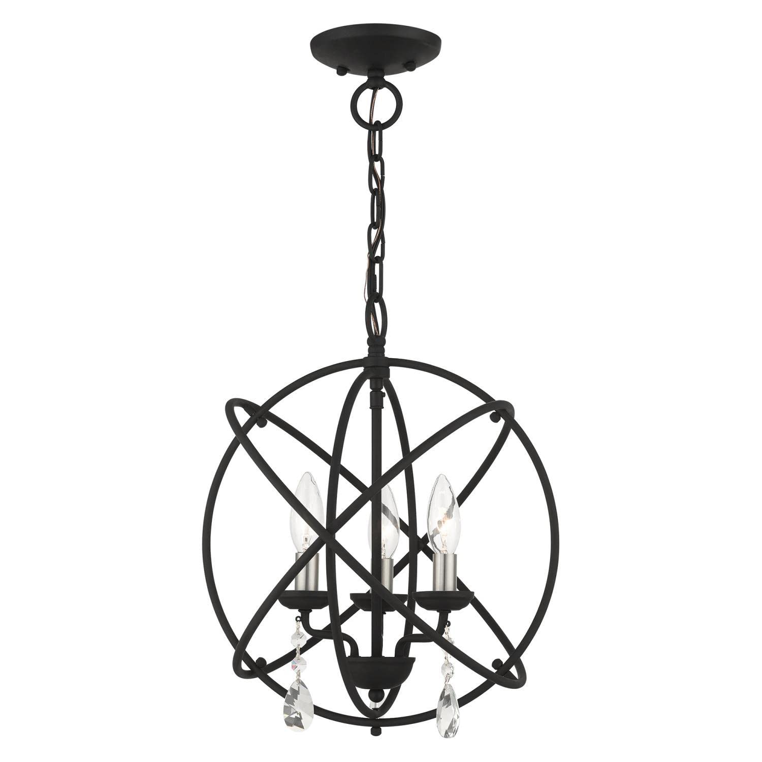 Livex Lighting Aria Convertible Pendant Chandelier/Semi-Flush Mount Light Fixture - Black with Satin Nickel Candles for Dining Room, Bedroom or Entryway Lighting