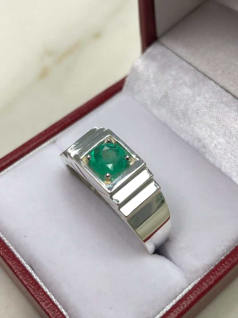 0.70 Carat Round Dark Green Emerald Signet Men's Ring - Sterling Silver 925 - Elegant Jewelry Gift for Him, Wedding Band, Anniversary Present, Birthday Gift for Men