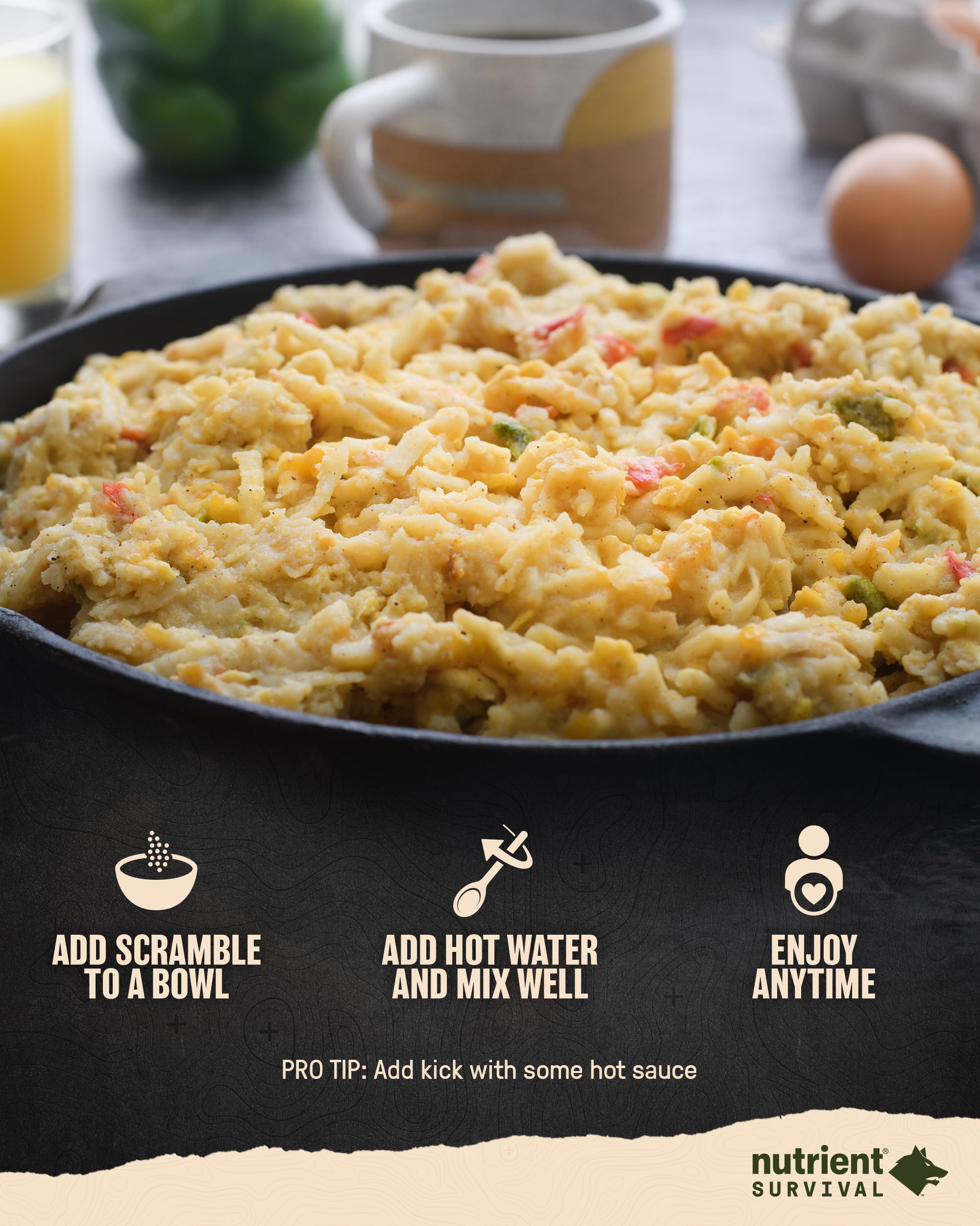 Nutrient Survival MRE Homestyle Scramble Eggs - Freeze Dried Ready-to-Eat Emergency Food (10 Servings) | 40 Essential Nutrients, 25 Year Shelf Life | Perfect for Camping, Hiking & Disaster Preparedness