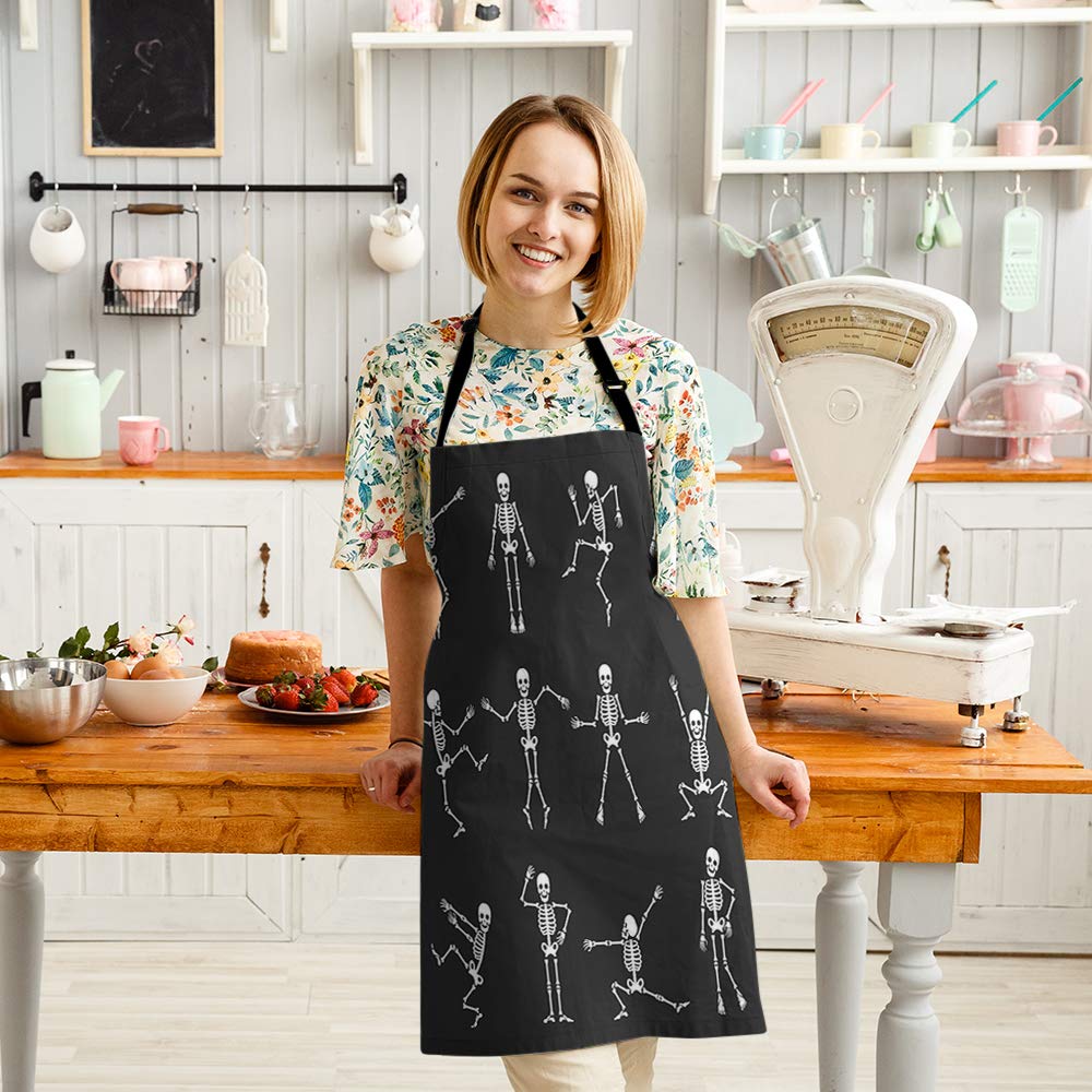 Funny Skeleton Print Kitchen Apron for Women & Men - Adjustable Cooking, Baking, Gardening Bib with Cartoon Dancing Bones Design - Perfect for Halloween, BBQ Parties & Home Use