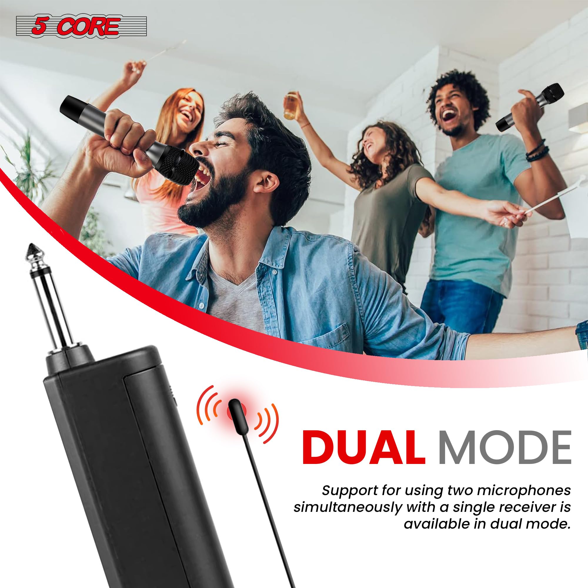 5-Core UHF Wireless Microphone System - 210ft Range, Dual Cardioid Handheld Mics with Mini Receiver | Rechargeable Cordless Karaoke Mic for Singing, Parties & Live Performances (WM UHF 02, Gray)