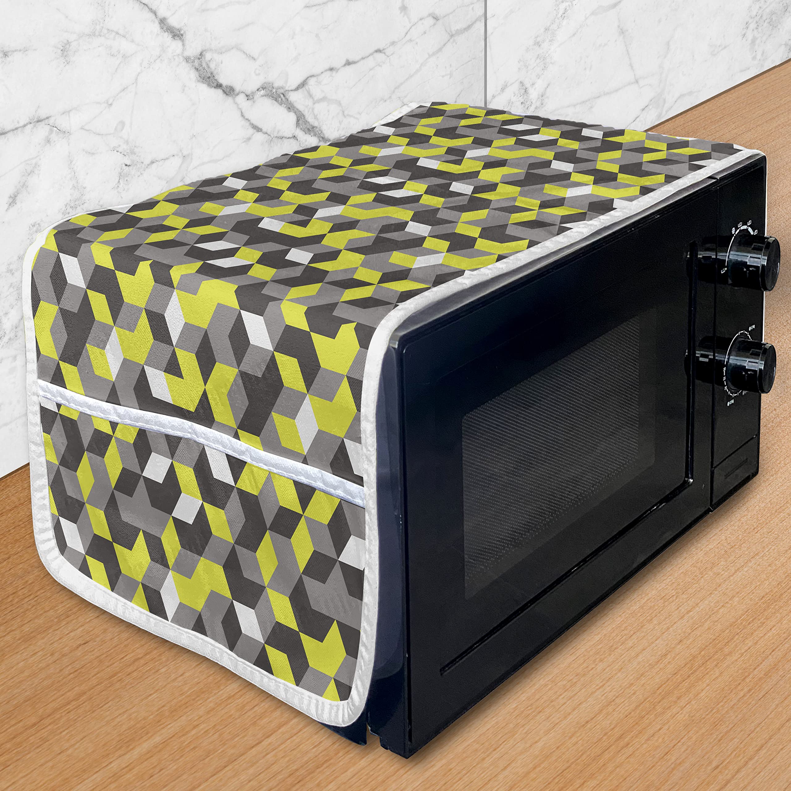Ambesonne Grey and Yellow Microwave Cover - Waterproof 3D Geometric Cubes Design - 36