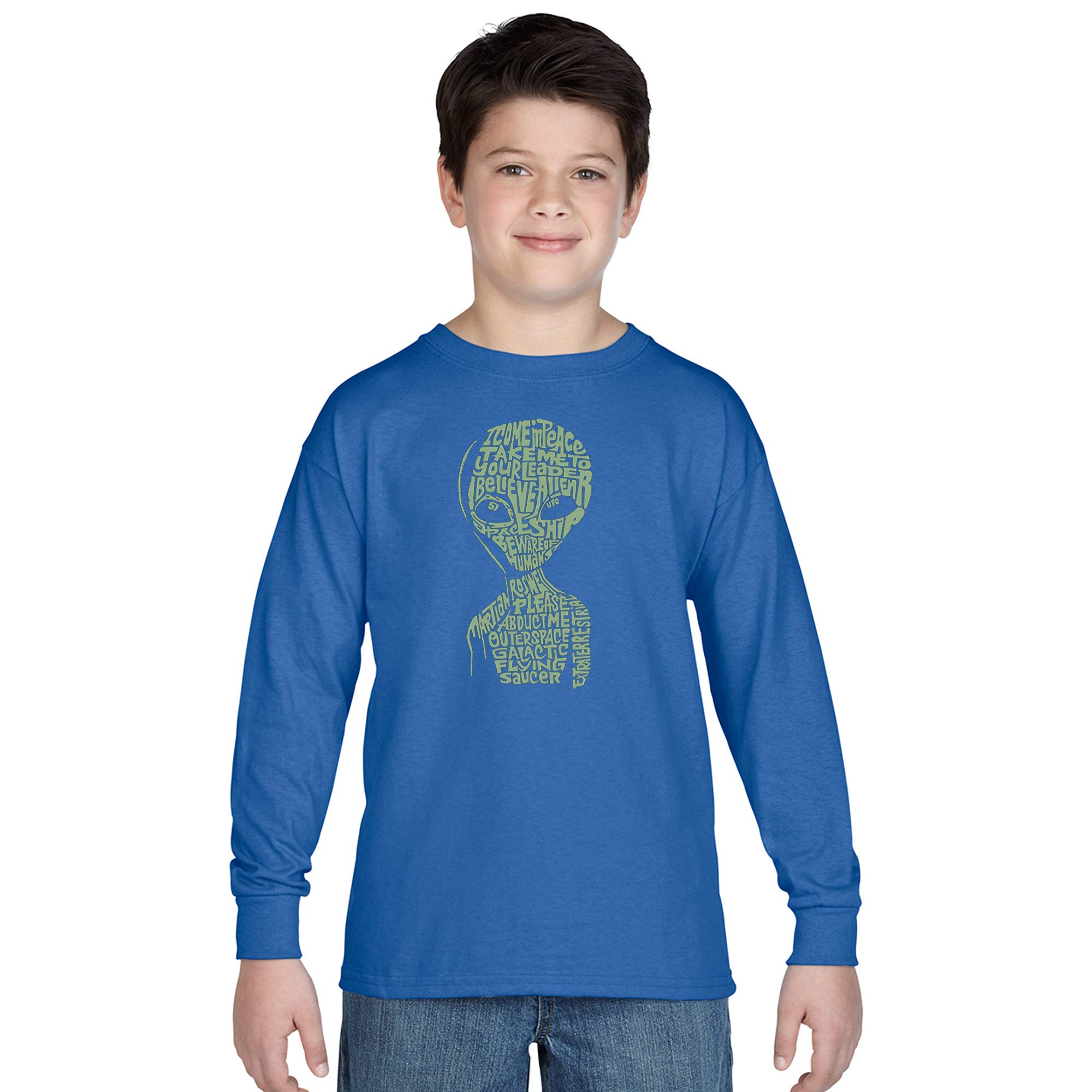 LA POP ART Boys' Word Art Long Sleeve T-Shirt with Alien Design - Trendy Graphic Tee for Kids, Teens & Youth - Perfect for School, Casual Wear & Street Fashion
