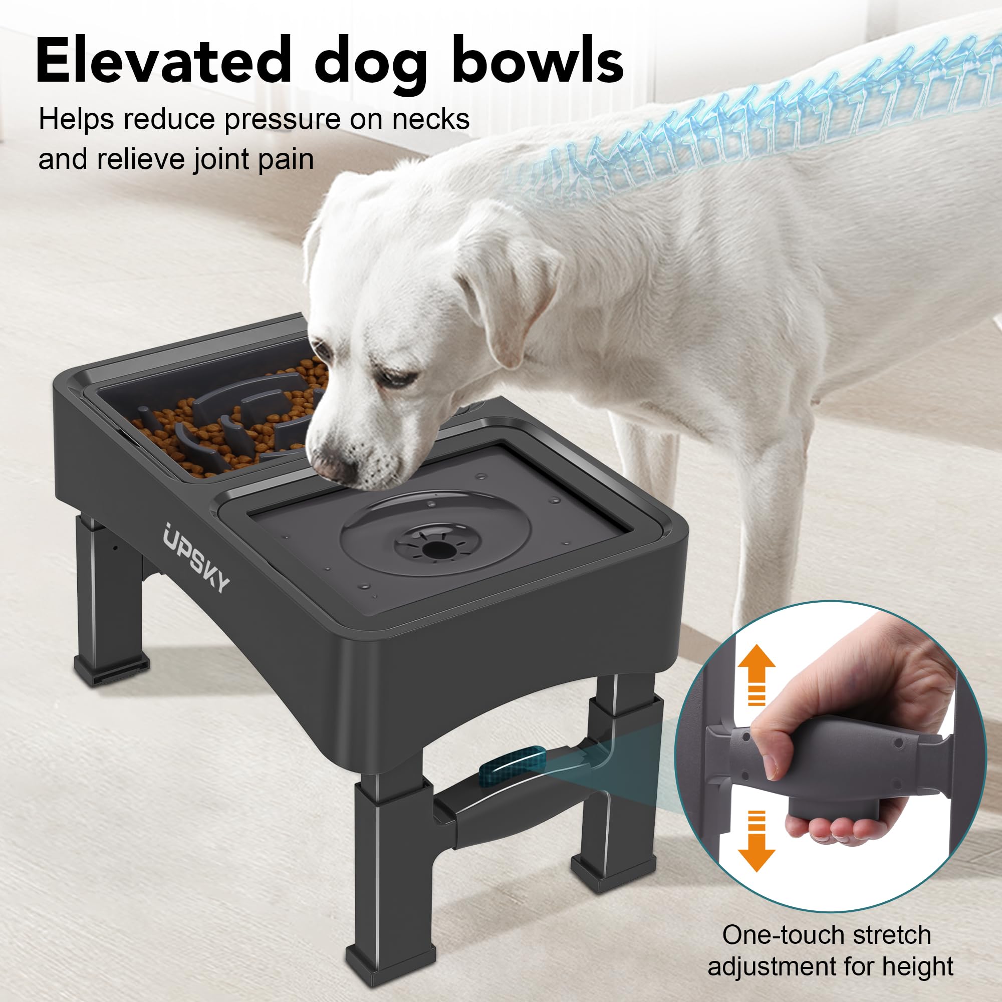 UPSKY 2-in-1 Elevated Slow Feeder Dog Bowls with Stand - 4 Height Adjustable Raised No Spill Dog Food & Water Bowl Dispenser - Anti-Slip Pet Bowls for Small & Medium Dogs (Black) - Perfect for Mealtime & Travel Use