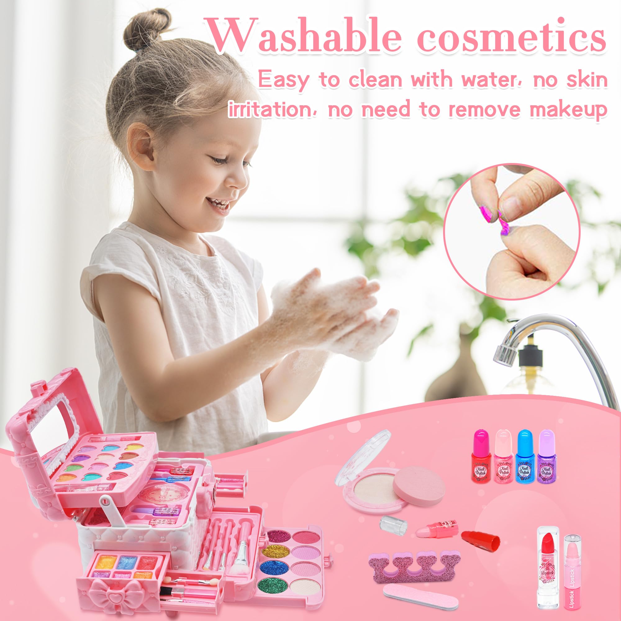 Non-Toxic Washable Kids Makeup Kit for Girls Ages 4-10 - Princess Play Cosmetic Set with Safe & Fun Makeup Toys - Perfect Birthday & Christmas Gift for Toddlers & Little Girls - Great for Pretend Play, Dress-Up & Role-Playing Games