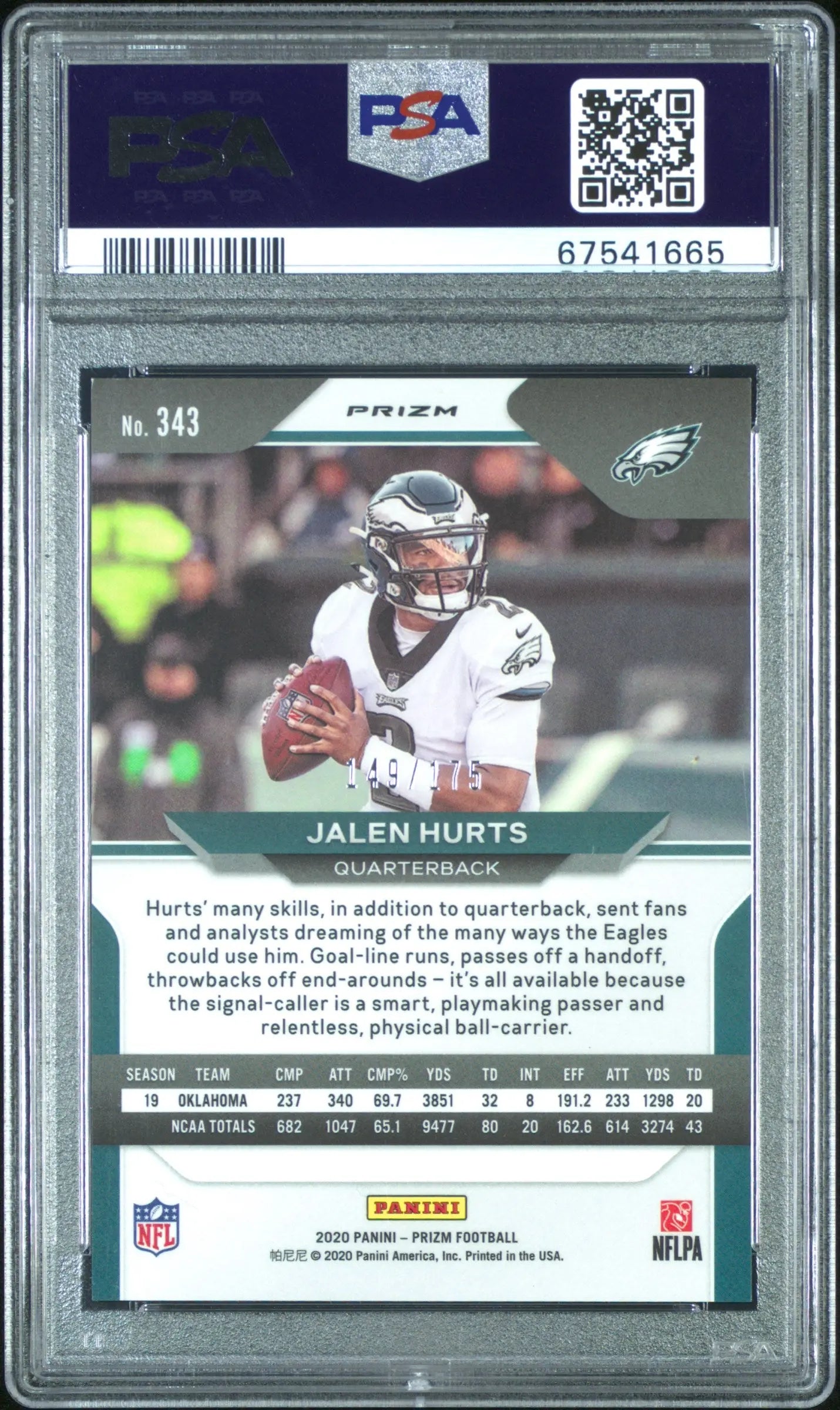 2020 Panini Prizm Football Jalen Hurts Rookie Card Hyper Prizm PSA 9 149/175 #343 - Rare Collectible for Sports Memorabilia & Investment
