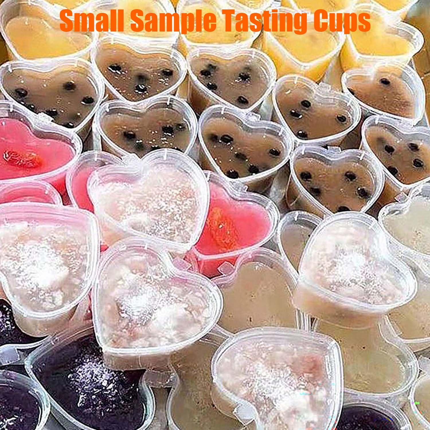 100 Sets 1.5oz Clear Heart Shaped Plastic Jello Shot Cups with Lids - Disposable Mini Portion Containers for Condiments, Dipping Sauces, Souffle, Tasting Samples | Perfect for Parties, Catering, Restaurants & Takeout