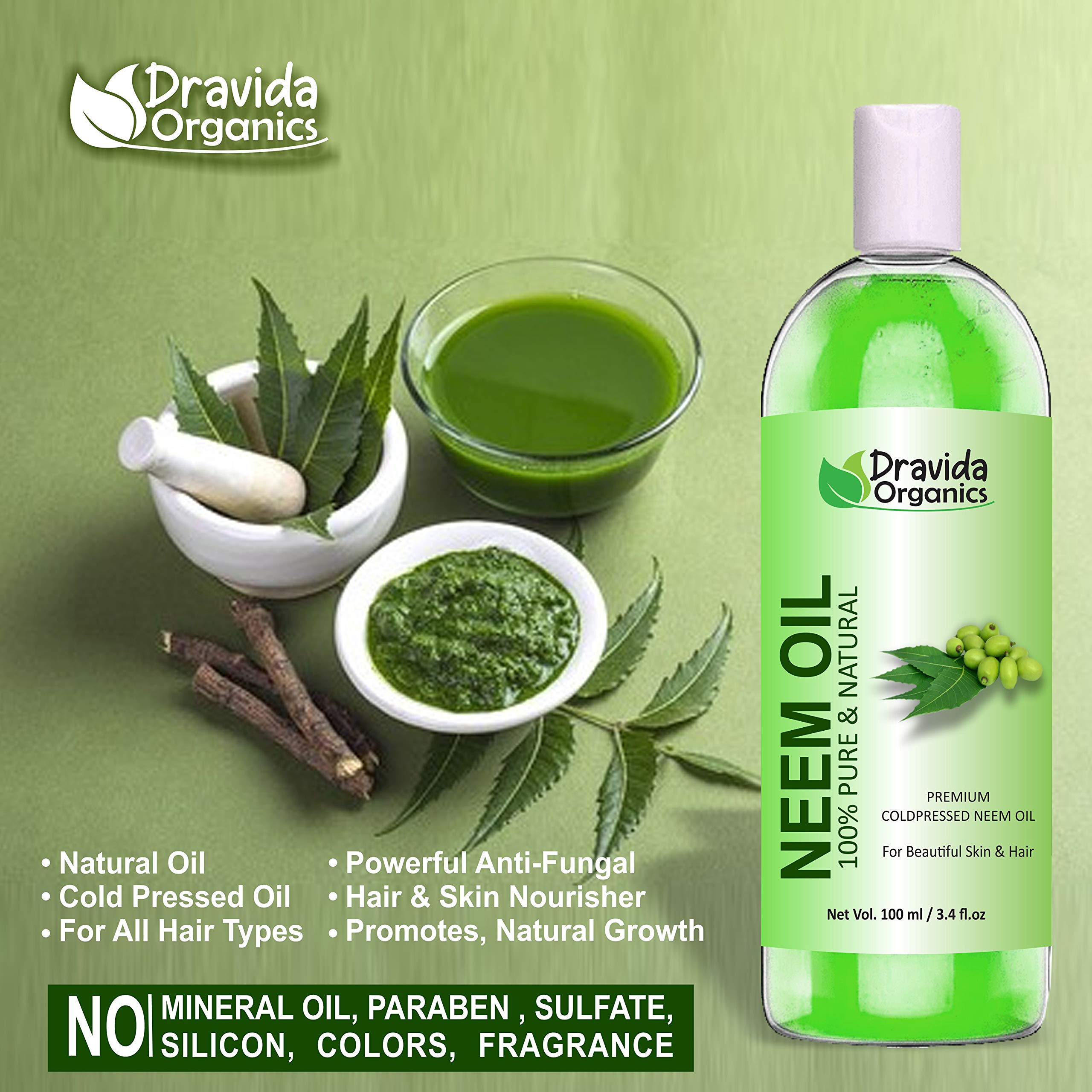 Pure Natural Dravida Organics Neem Carrier Oil 100ml - Cold Pressed for Skin Care, Hair Growth & Scalp Treatment - Perfect for DIY Beauty, Aromatherapy & Natural Remedies