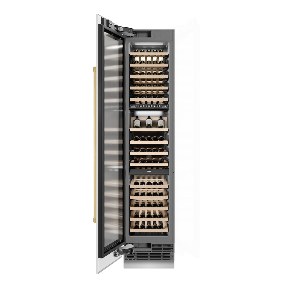ZLINE Autograph Edition 18 Inch 9.0 cu ft Triple Zone 68 Bottle Left Hinge Column Wine Cooler - White Matte with Polished Gold Accents (RCWVLZ WM 18 G) | Perfect for Home Bars, Wine Cellars & Entertaining Spaces