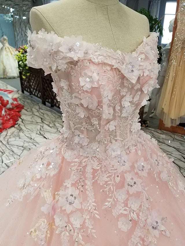 Elegant Blush Pink Wedding Dress Ball Gown with 3D Lace Flowers - Off Shoulder Bridal Gown for Romantic Ceremony & Formal Events