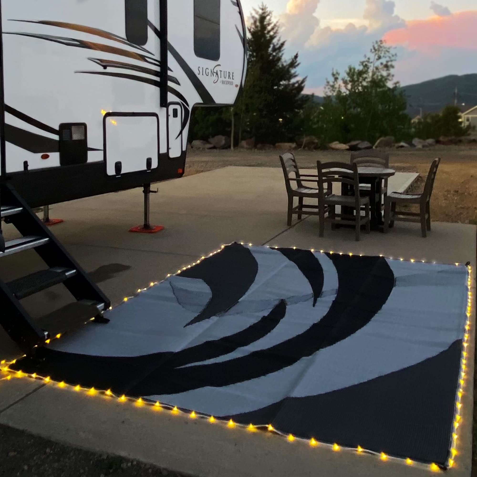 Premium 8x11ft LED Illuminated Outdoor Patio Mat - Waterproof Camping Mat for RV, Backyard, Deck & Picnic - Stylish Black/White Design - Perfect for Camping, Tailgating & Outdoor Gatherings