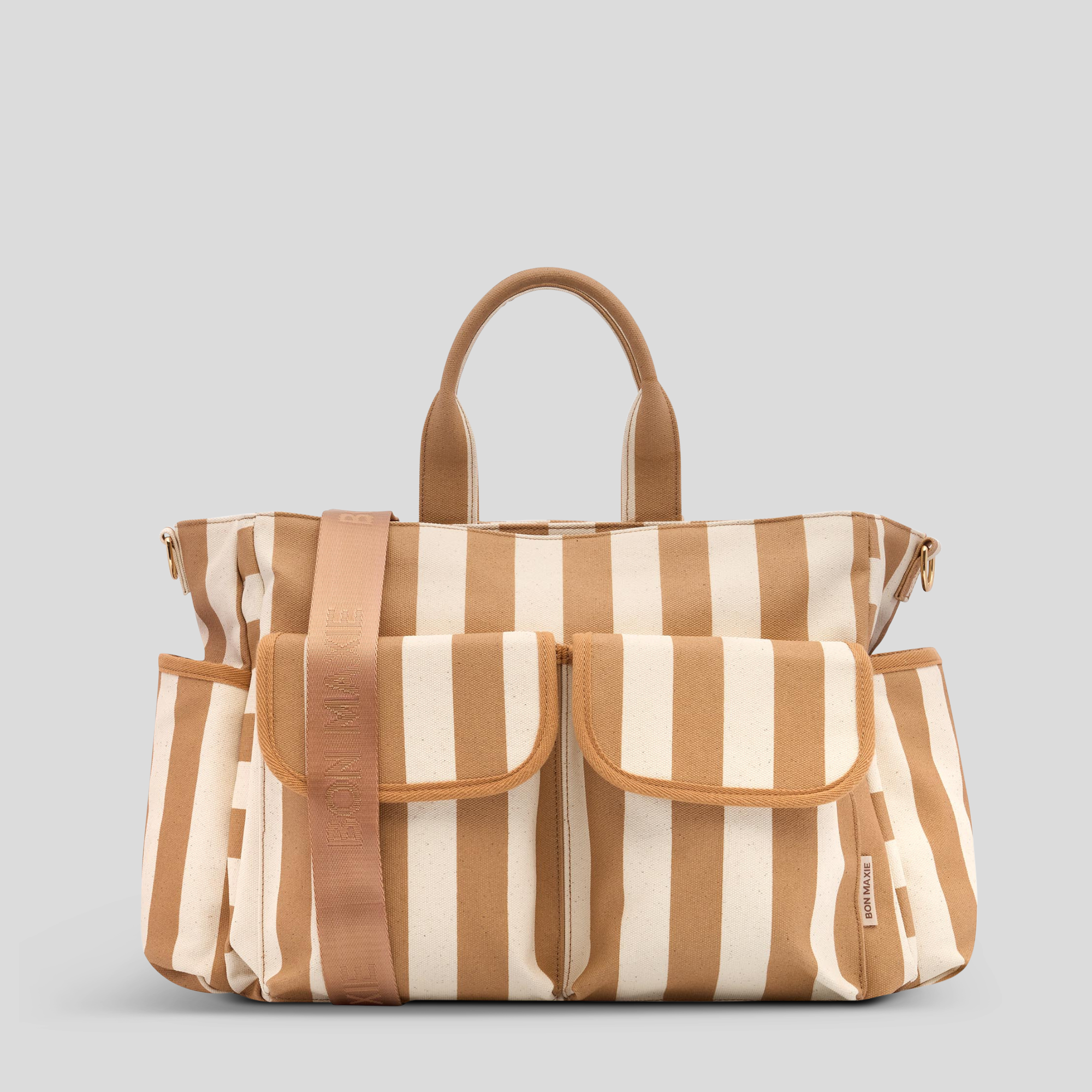 Stylish Multi-Pocket Tote Bag for Women - Tan Stripe Design - Perfect for Work, Travel, Shopping & Daily Essentials
