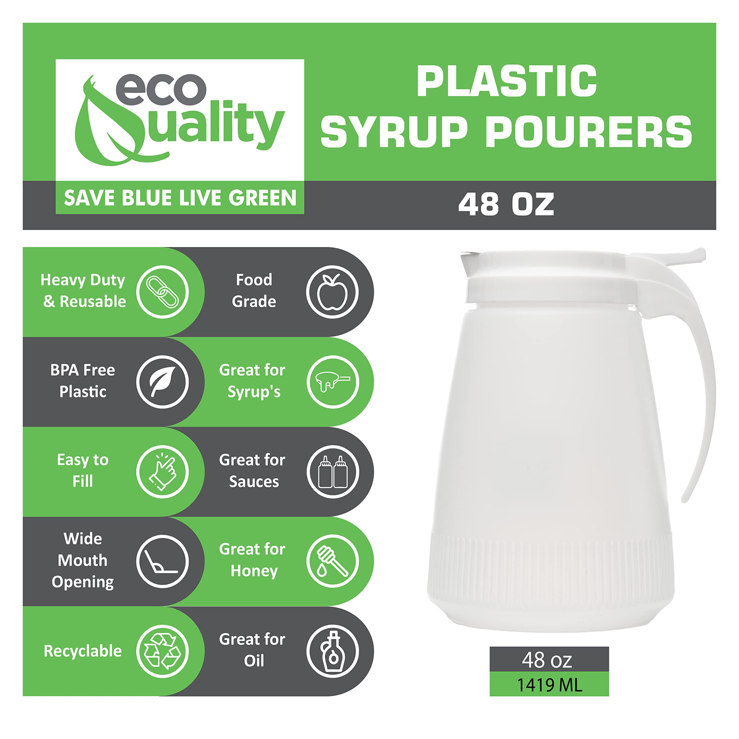 6 Pack EcoQuality 48oz Plastic Syrup Dispenser with Lid & Stainless Steel Slide Cover - Sugar Honey Dispenser for Restaurants, Coffee Shops, Home Kitchen - BPA-Free Leakproof Squeeze Bottle for Pancake Syrup, Chocolate Sauce, Salad Dressing
