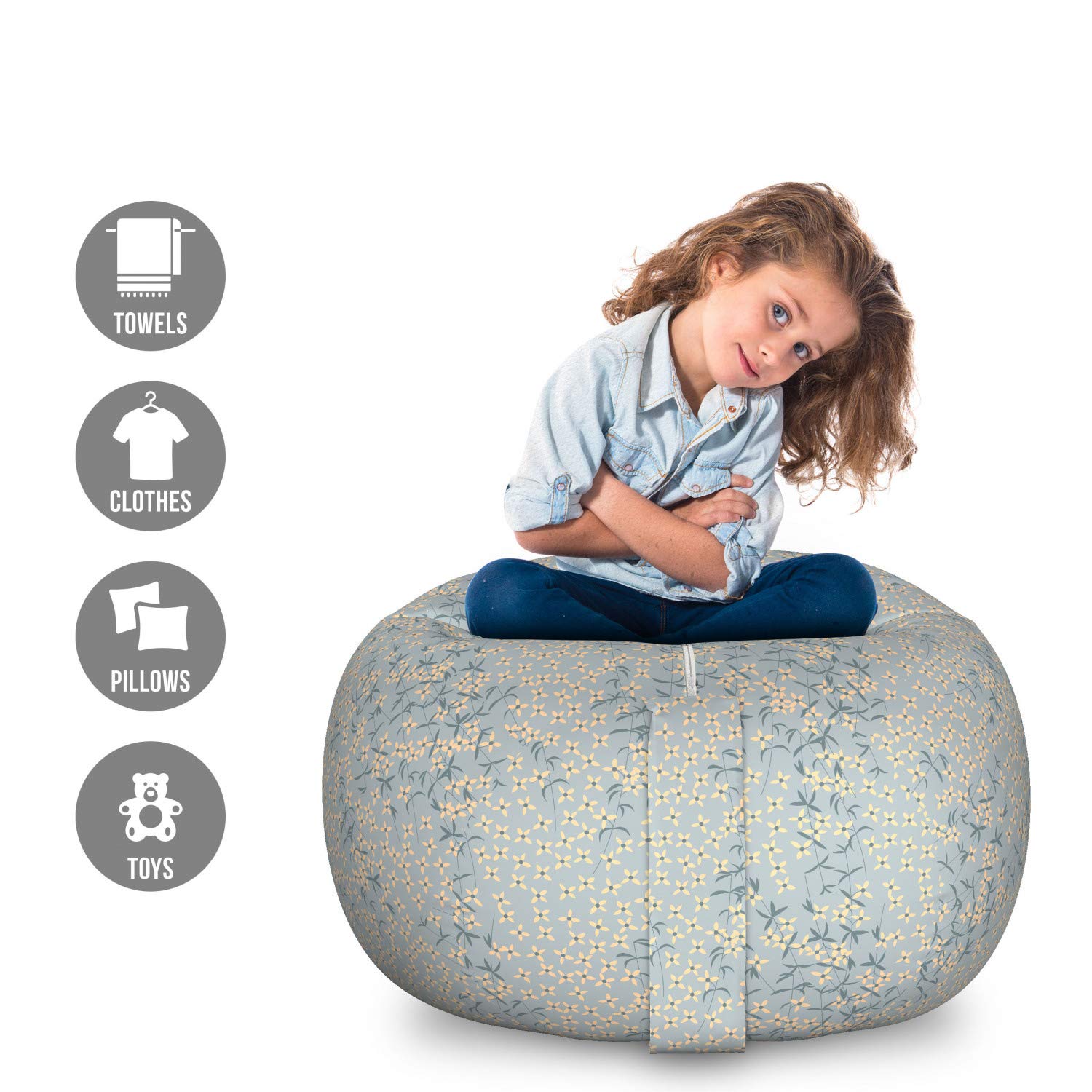Ambesonne Floral Storage Toy Bag Chair - Large Washable Stuffed Animal Organizer with Flowers and Leaves Design, Dimgray Multicolor - Perfect for Kids' Room, Playroom, and Nursery Organization
