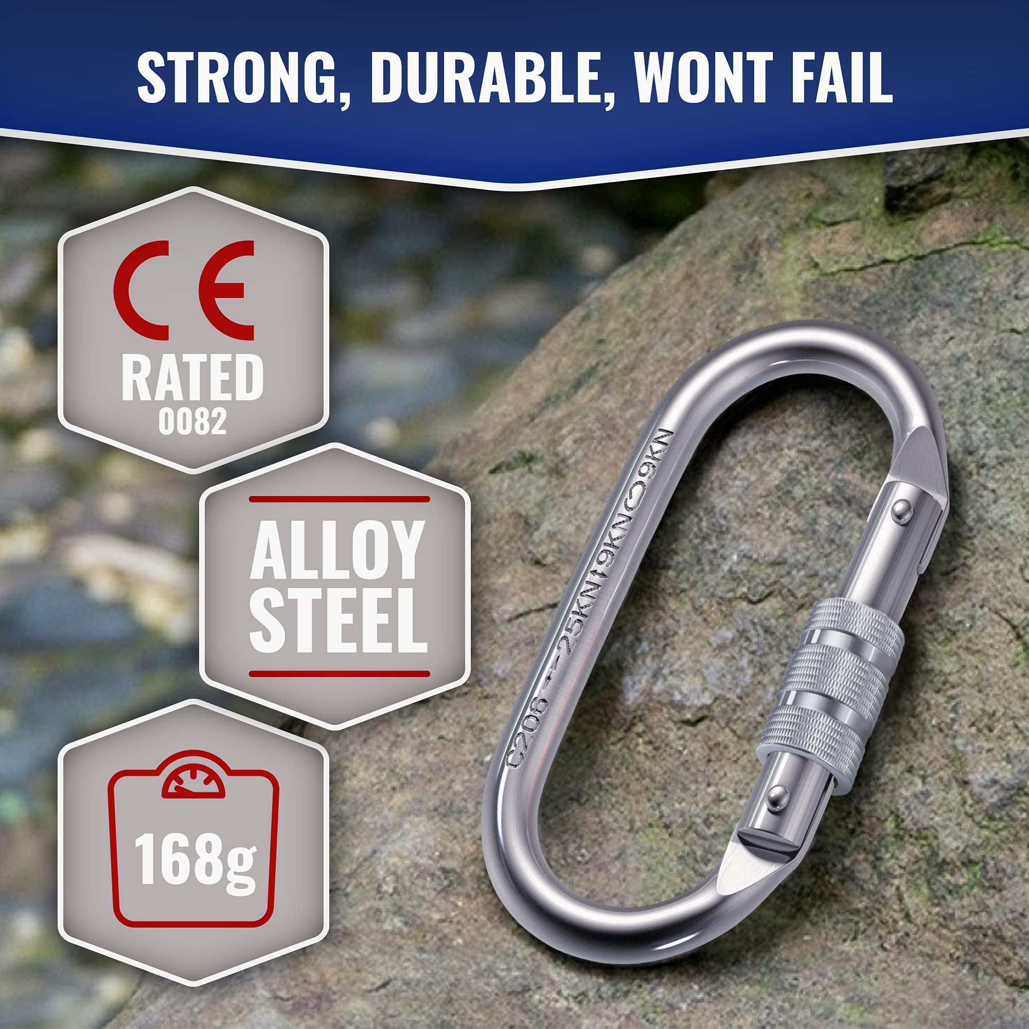 UIAA Certified 25kN (5620LB) Heavy Duty Steel Carabiner Clip - Screw Lock Oval-Shaped Climbing Carabiners for Hammocks, Hiking & Camping Gear - Durable Outdoor Equipment for Rock Climbing, Safety Hook & Gear Organization