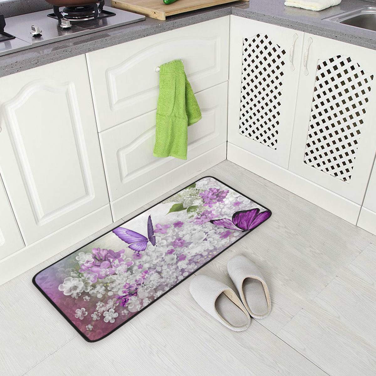 Non-Slip Purple Butterfly Flower Kitchen Rug - Soft Washable Bath Mat & Runner for Home Decor, 39x20 Inches - Perfect for Kitchens, Bathrooms, Entryways & High-Traffic Areas