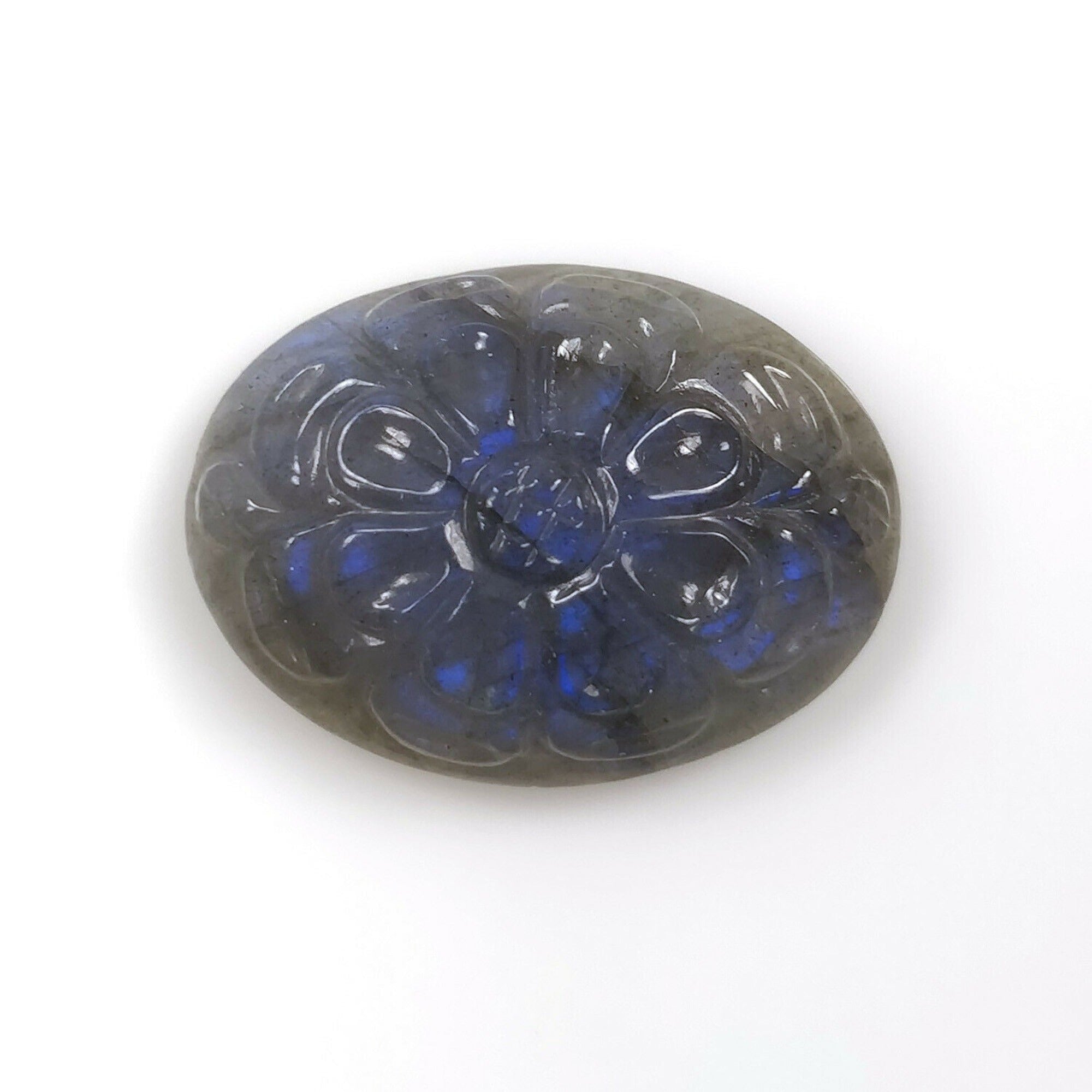 Natural Blue Labradorite Gemstone Carving - 19.85cts Untreated Hand Carved Oval Labradorite (22.5x16mm) for Jewelry Making & Crystal Healing | Includes Video
