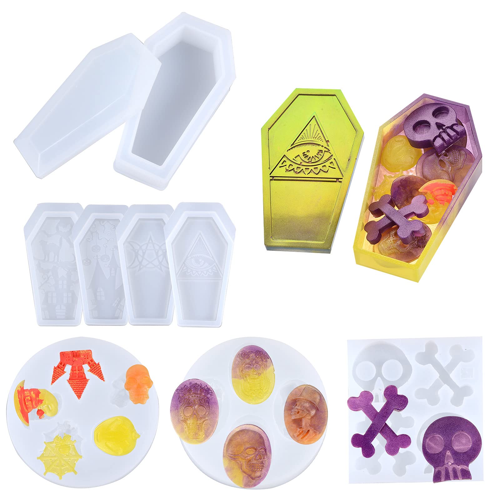 8-Piece Halloween Resin Molds Set - Coffin, Skull & Box Silicone Molds for DIY Resin Casting | Perfect for Halloween Decorations, Gifts & Handmade Crafts | Home Decor, Party Supplies & Creative Projects