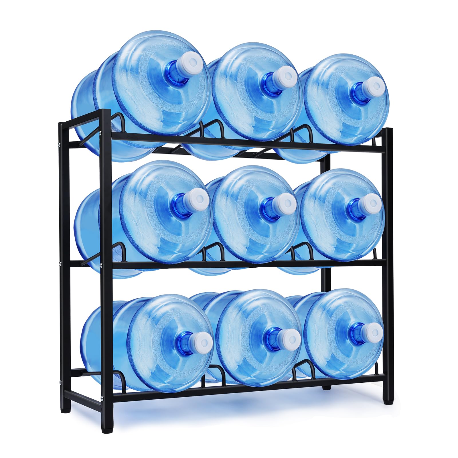 9-Tray Heavy Duty Carbon Steel Water Jug Rack - 5 Gallon Water Cooler Bottle Holder Stand for Home, Office & Warehouse | Space-Saving 3-Tier Organizer for Kitchen, Pantry & Utility Rooms (Black)