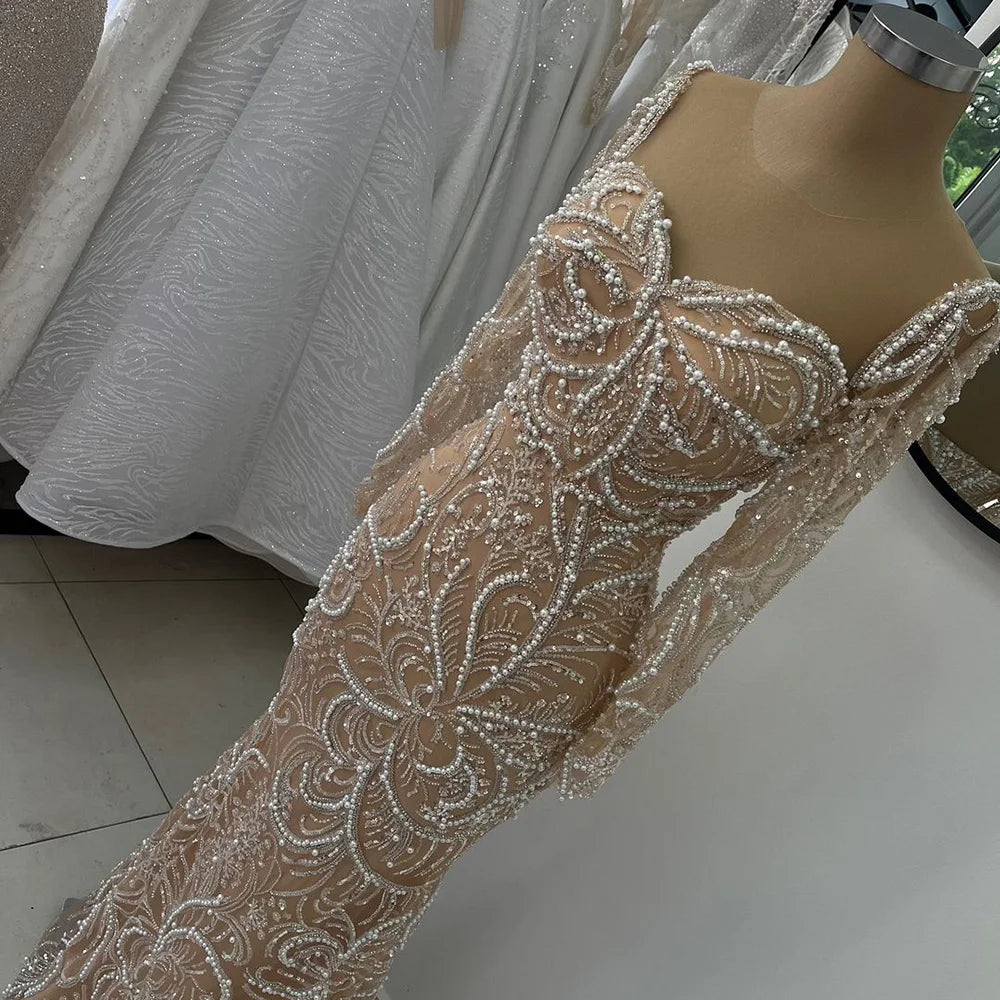 Luxury Dubai Nude Mermaid Evening Gown with Pearls Beading - Arabic Formal Dress LA72648 for Weddings, Galas & Special Occasions