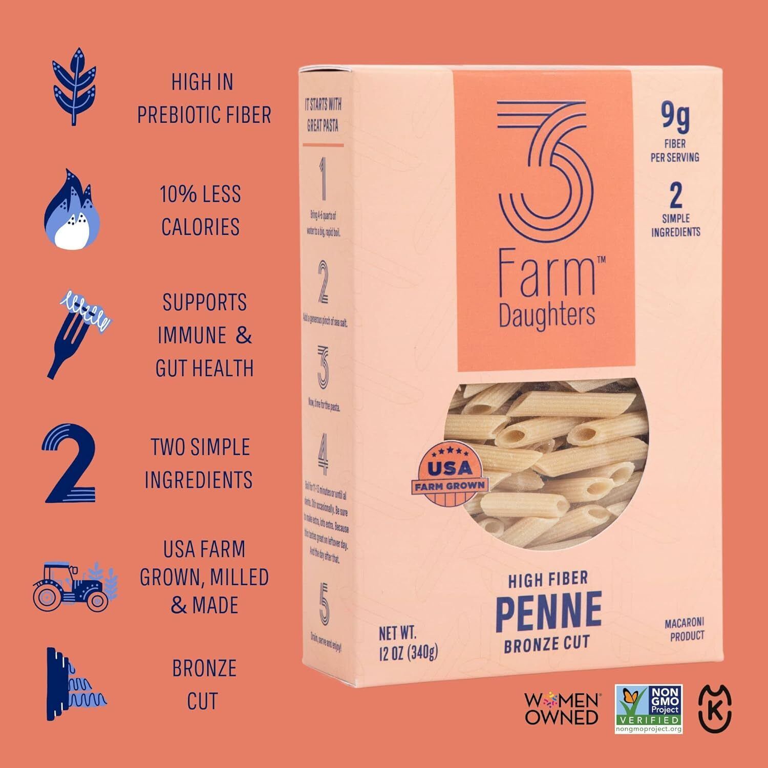 3 Farm Daughters Penne Pasta - Authentic Italian Pasta for Family Dinners & Gourmet Cooking | Perfect for Pasta Salads, Carbonara & Weeknight Meals