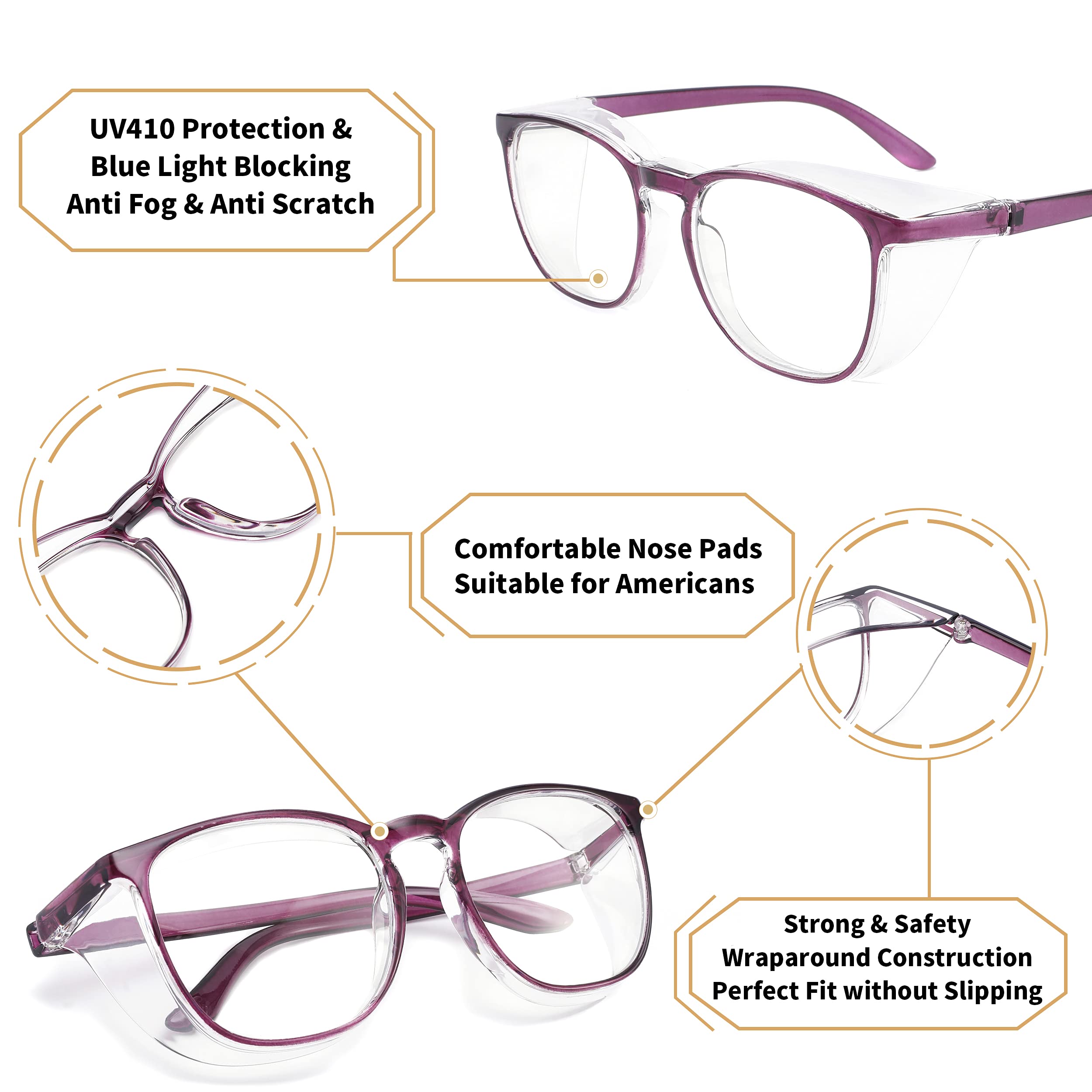 Alsenor Anti Fog Safety Glasses - UV Protection & Blue Light Blocking Protective Eyewear for Men & Women (Purple) - Ideal for Construction, Lab Work & Computer Use