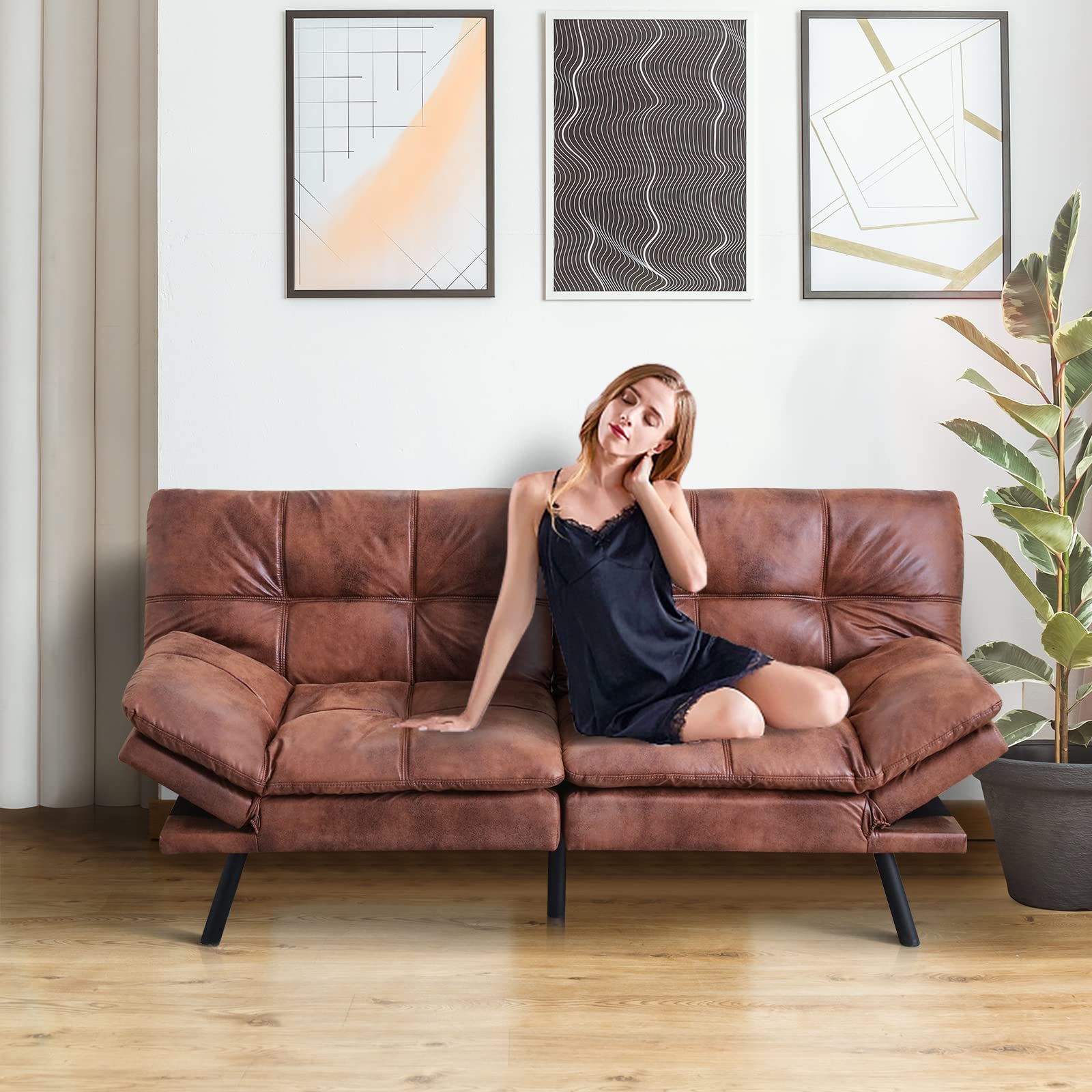 Opoiar Faux Leather Sleeper Sofa Bed with Memory Foam - Foldable Convertible Futon Couch for Small Spaces - Modern Loveseat with Metal Legs for Living Room, Apartment, Studio - Perfect for Guest Bed, Home Office & Compact Spaces (Brown)