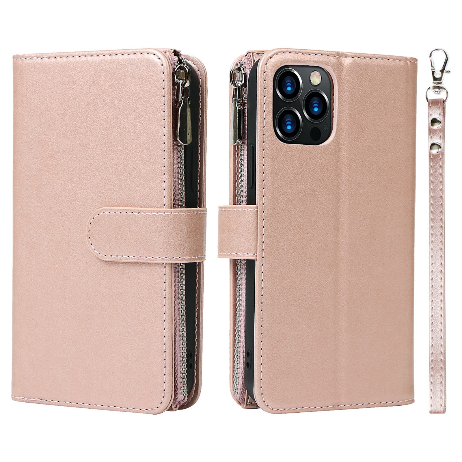 ELTEKER Premium Leather 2-in-1 Detachable Wallet Case for iPhone 12 Pro Max - Zipper Flip Cover with 6 Card Slots, Cash Pocket & Kickstand (Rose Gold) | Perfect for Travel, Business & Everyday Use