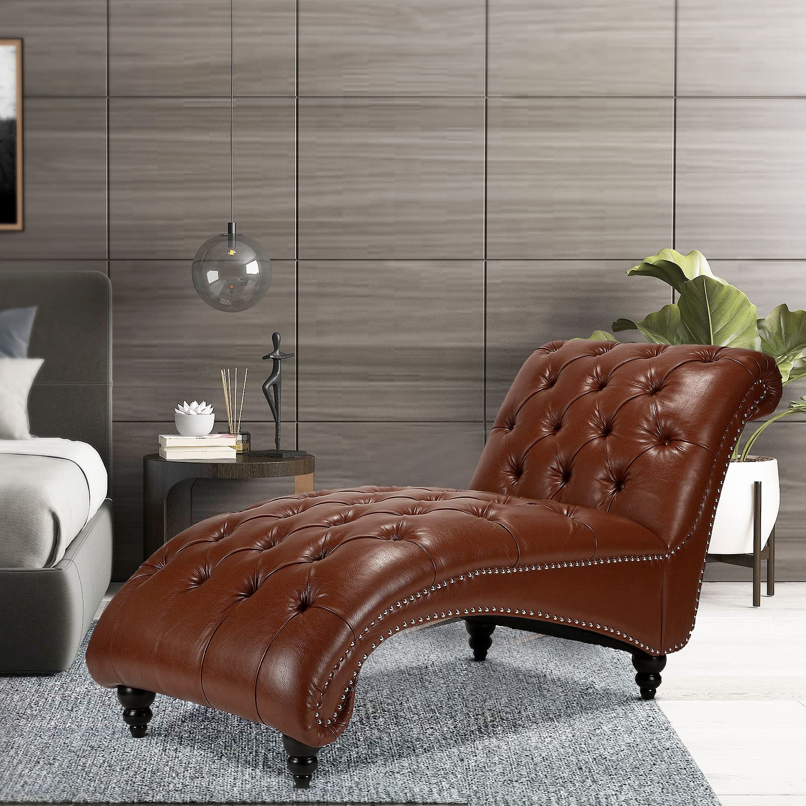 HomVent Leather Chaise Lounge Chair with Tufted Buttons - Indoor Modern Futon for Living Room, Office or Bedroom - Light Brown - Perfect for Relaxing, Reading & Small Space Decor