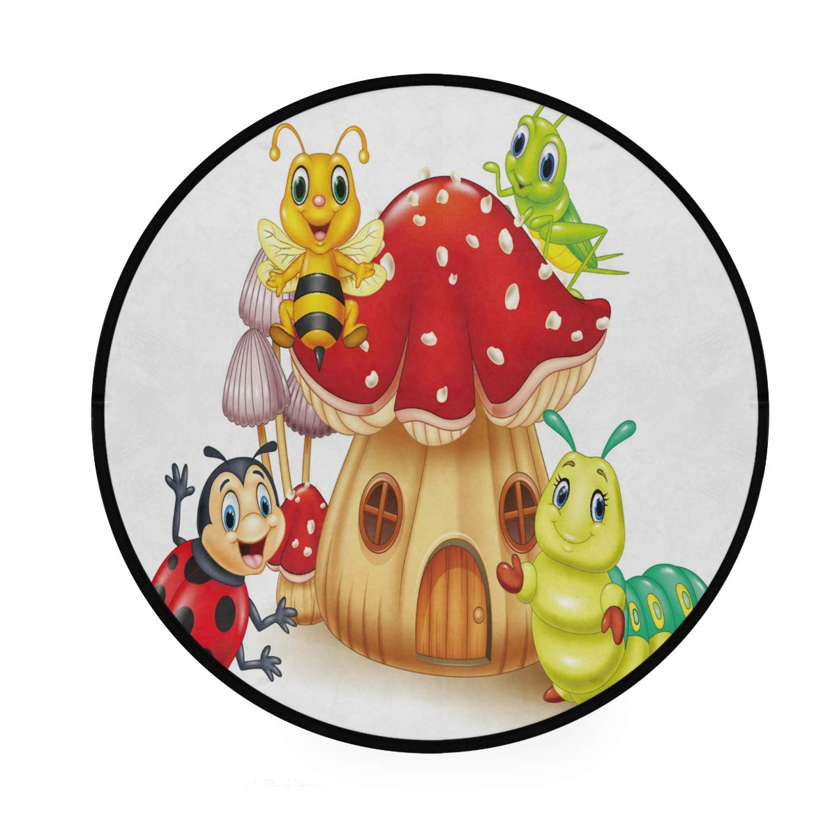ALAZA Cartoon Mushroom Ladybug Round Area Rug 3' Diameter (92 cm) - Soft Non-Slip Floor Mat for Living Room, Bedroom, Nursery & Kids Playroom - Cute Home Decor for Girls & Boys