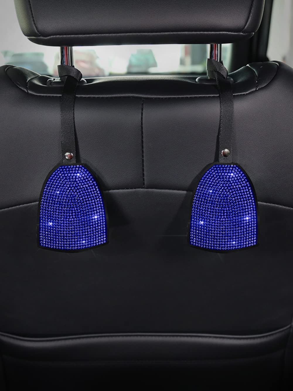2-Pack Shining Bling Car Back Seat Headrest Hooks - Crystal Diamond Car Decor Accessories for Women - Universal Fit Hidden Hanger (Blue) - Perfect for Organizing Purses, Masks & Shopping Bags in Your Vehicle