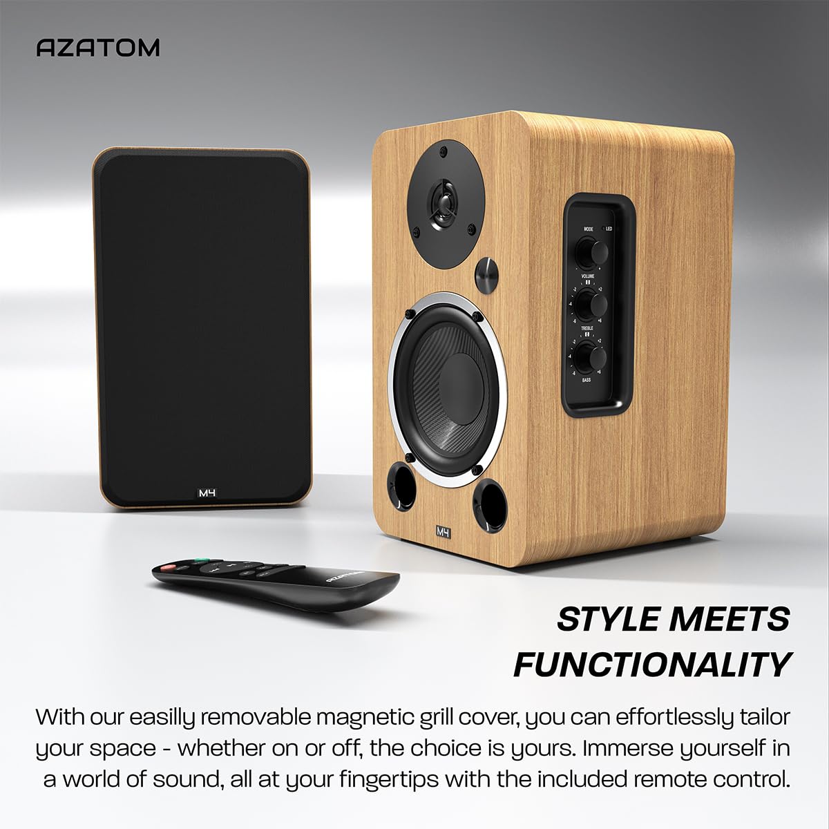 AZATOM Equinox 2 M4 Powered Bookshelf HiFi Speakers - 2.0 Active Bluetooth/Wired Wooden Enclosure (80W, Oak) - Perfect for Music, Home Theater, Gaming, Vinyl Records, PC & Laptop Audio - Ideal for Living Rooms, Home Offices & Entertainment Spaces