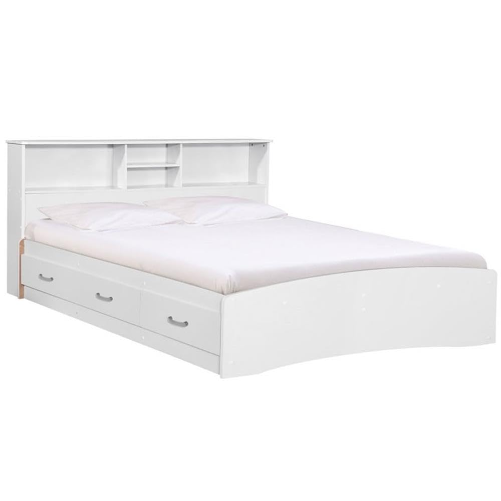 Pemberly Row Modern White Wooden Queen Size Captains Bed with Storage | Elegant Bedroom Furniture for Small Spaces & Guest Rooms