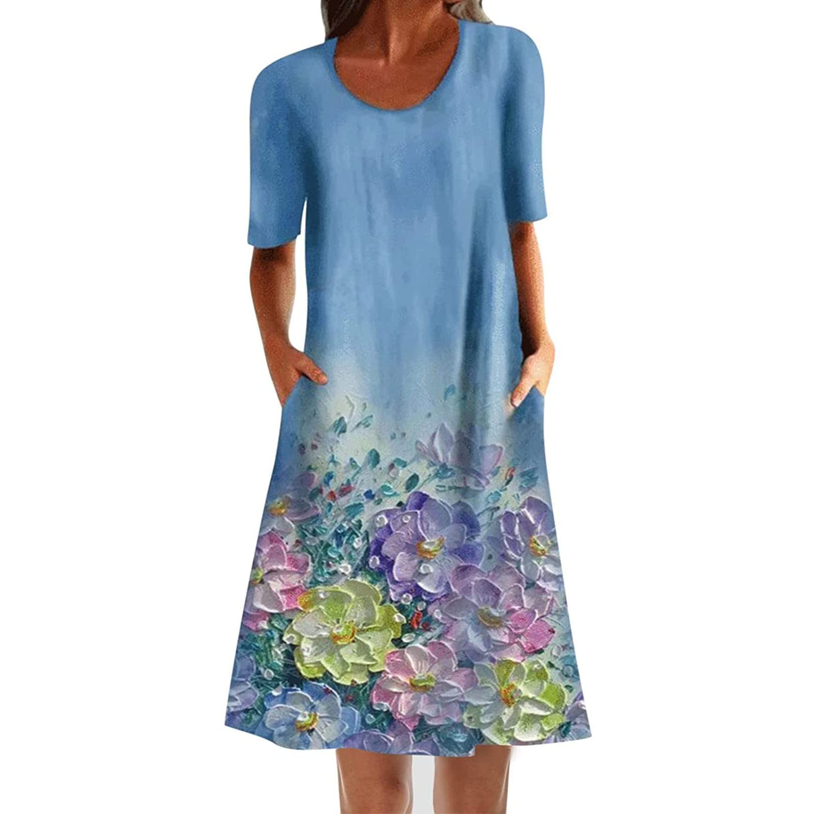 Jsarle Women's Summer Casual Floral Print Round Neck Short Sleeve Loose Knee-Length Dress - Plus Size Wedding Guest Outfit for Beach, Party & Vacation