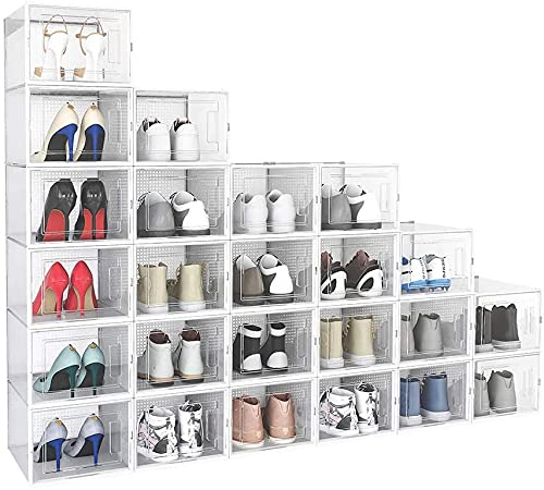 GREEF 24 Pack Clear Plastic Stackable Shoe Storage Boxes - White Space Saving Shoe Organizer for Shoes, Boots & Slippers | Perfect for Closet Organization, Bedroom Storage & Shoe Display