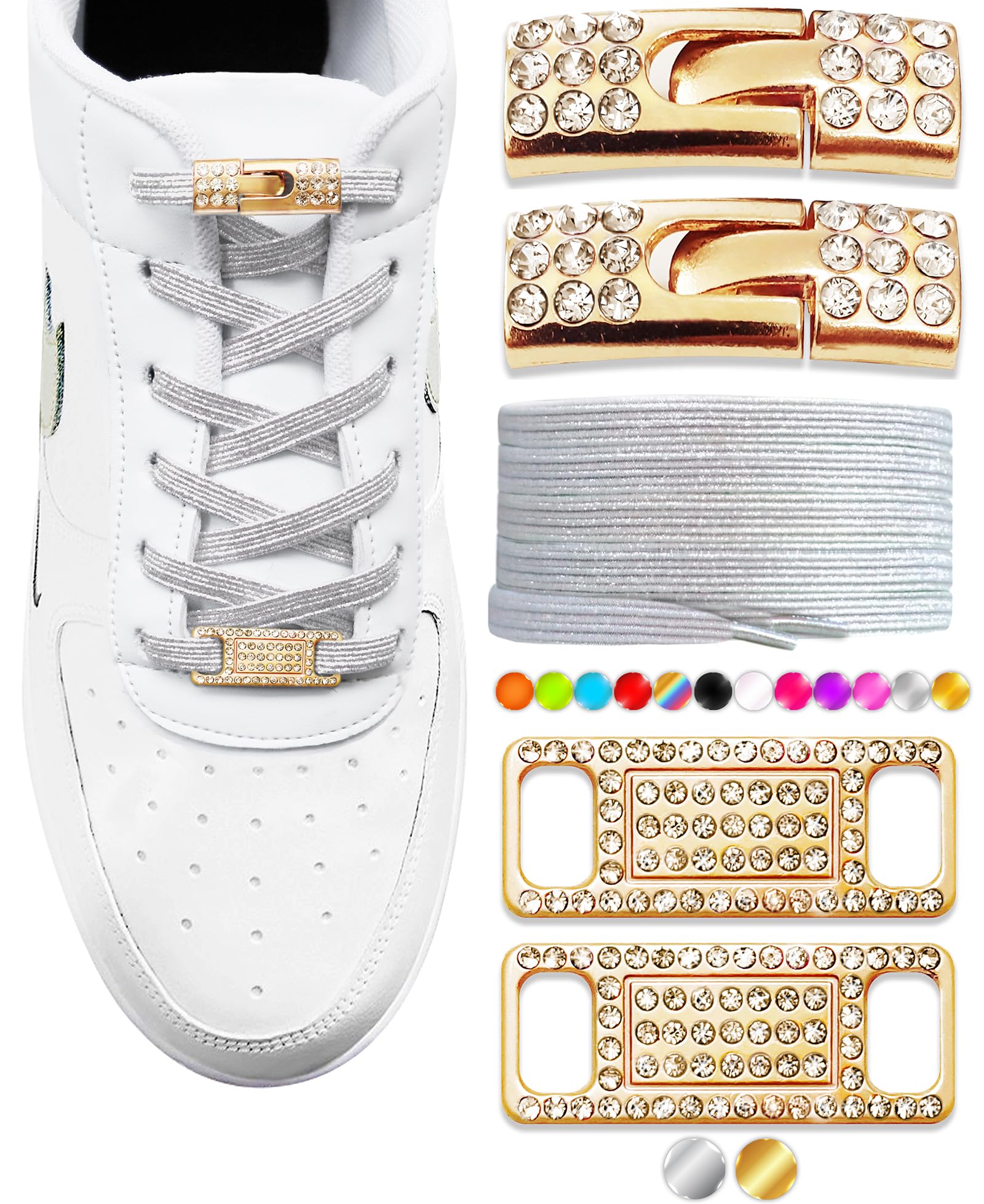 No-Tie Elastic Shoelaces with Bling Diamond Charms - Adjustable Fashion Laces for Women's Sneakers - Perfect for Running, Walking & Everyday Comfort