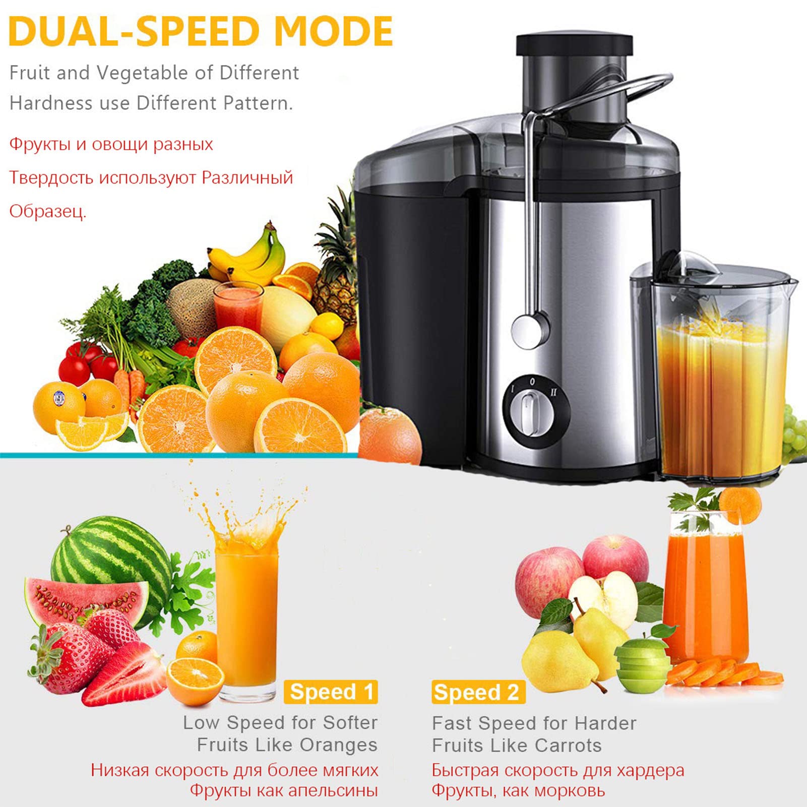 800W High-Power Juicer Machine - Stainless Steel Big Mouth Electric Juicer Extractor - No Pomace Fiber Residue - Easy to Disassemble & Clean - Citrus Juicer for Fruits & Vegetables - Perfect for Healthy Smoothies, Detox Drinks & Family Breakfast