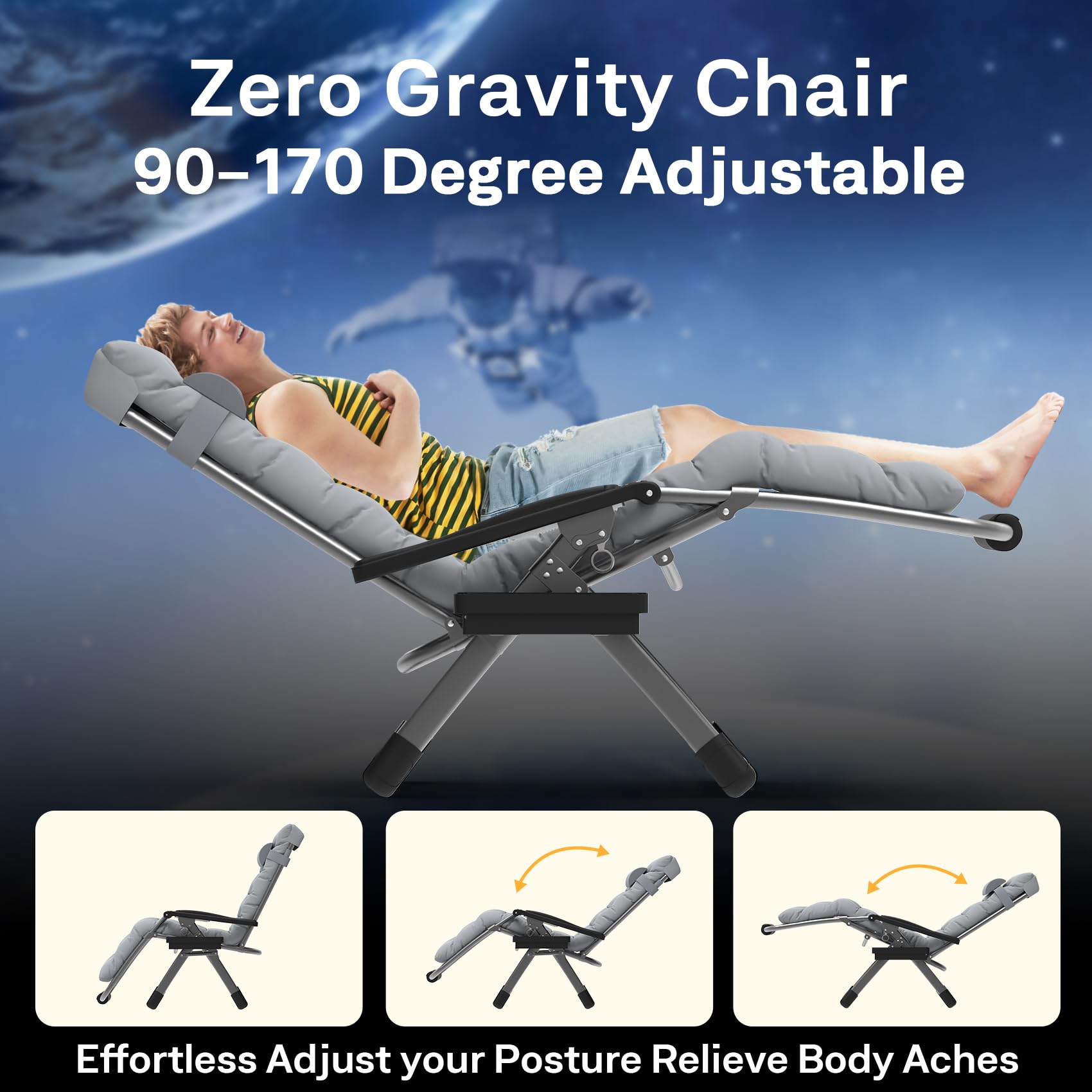 Slendor XXL Oversized Zero Gravity Lounge Chair - 33In Padded Folding Recliner with Aluminum Alloy Lock, Headrest & Cup Holder - 500lbs Weight Capacity - Perfect for Patio, Lawn, Backyard & Poolside Relaxation (Grey)
