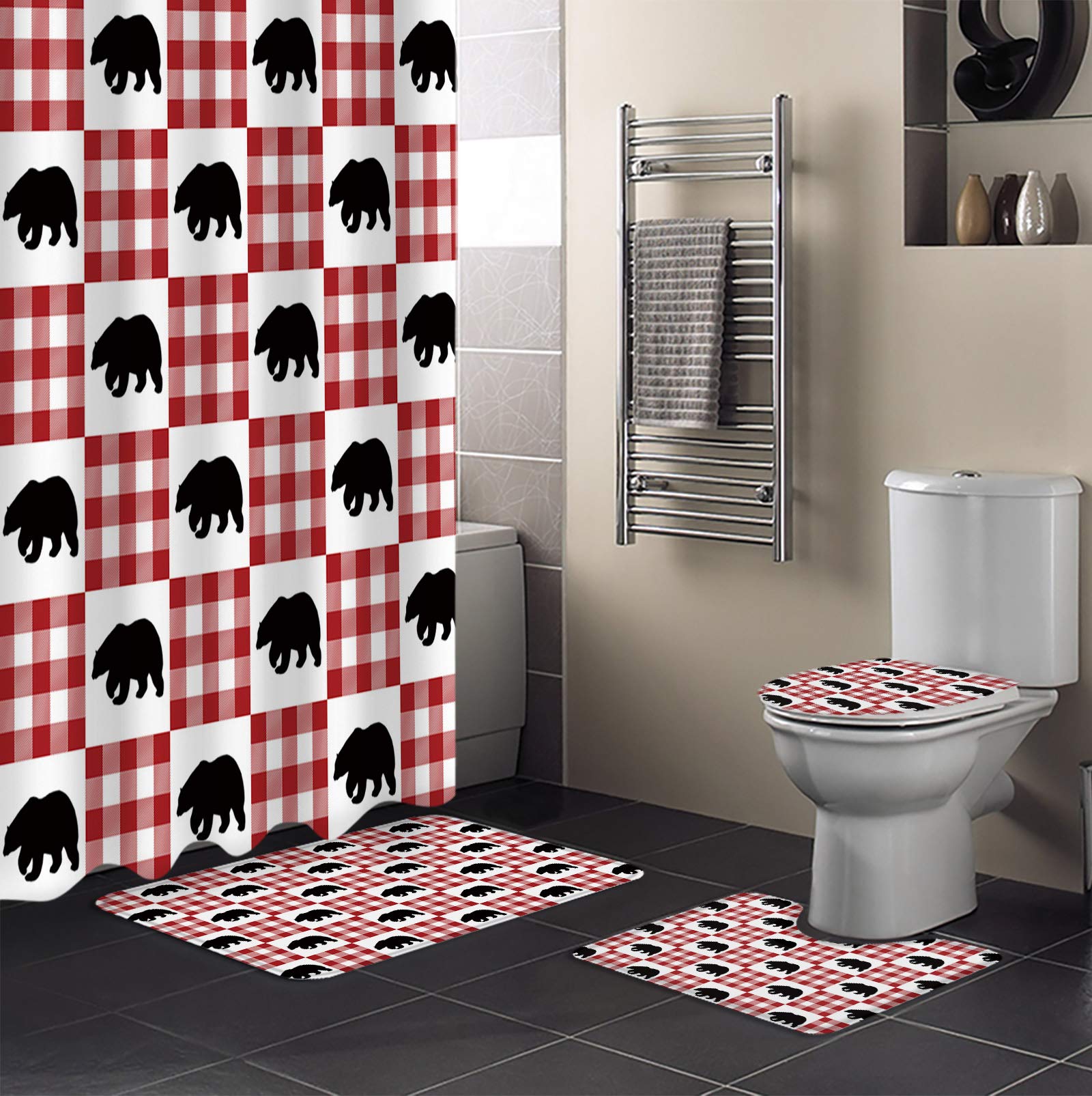 4PCS Non-Slip Christmas Arctic Bear Buffalo Plaid Bathroom Mat Set - Soft Shower Curtain Rugs, Toilet Seat Cover & Bath Mats for Cozy Holiday Bathroom Decor - Perfect for Winter Home Decor & Gift Giving