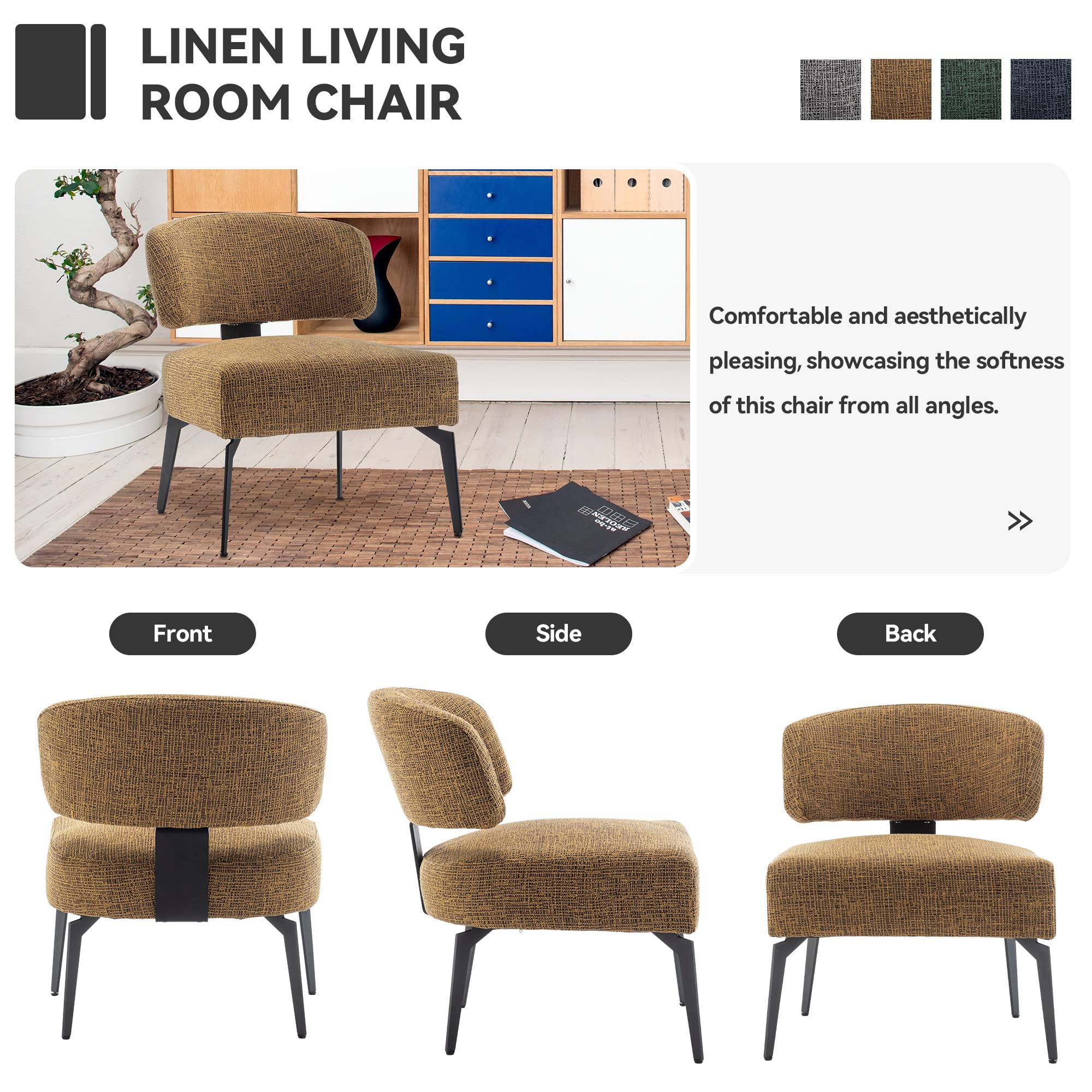 Mid Century Modern Accent Chair - Linen Upholstered Comfortable Reading Chair for Small Spaces, Living Room, Bedroom & Office Waiting Room - Yellow Sofa Chair | Perfect for Relaxing, Reading & Home Decor