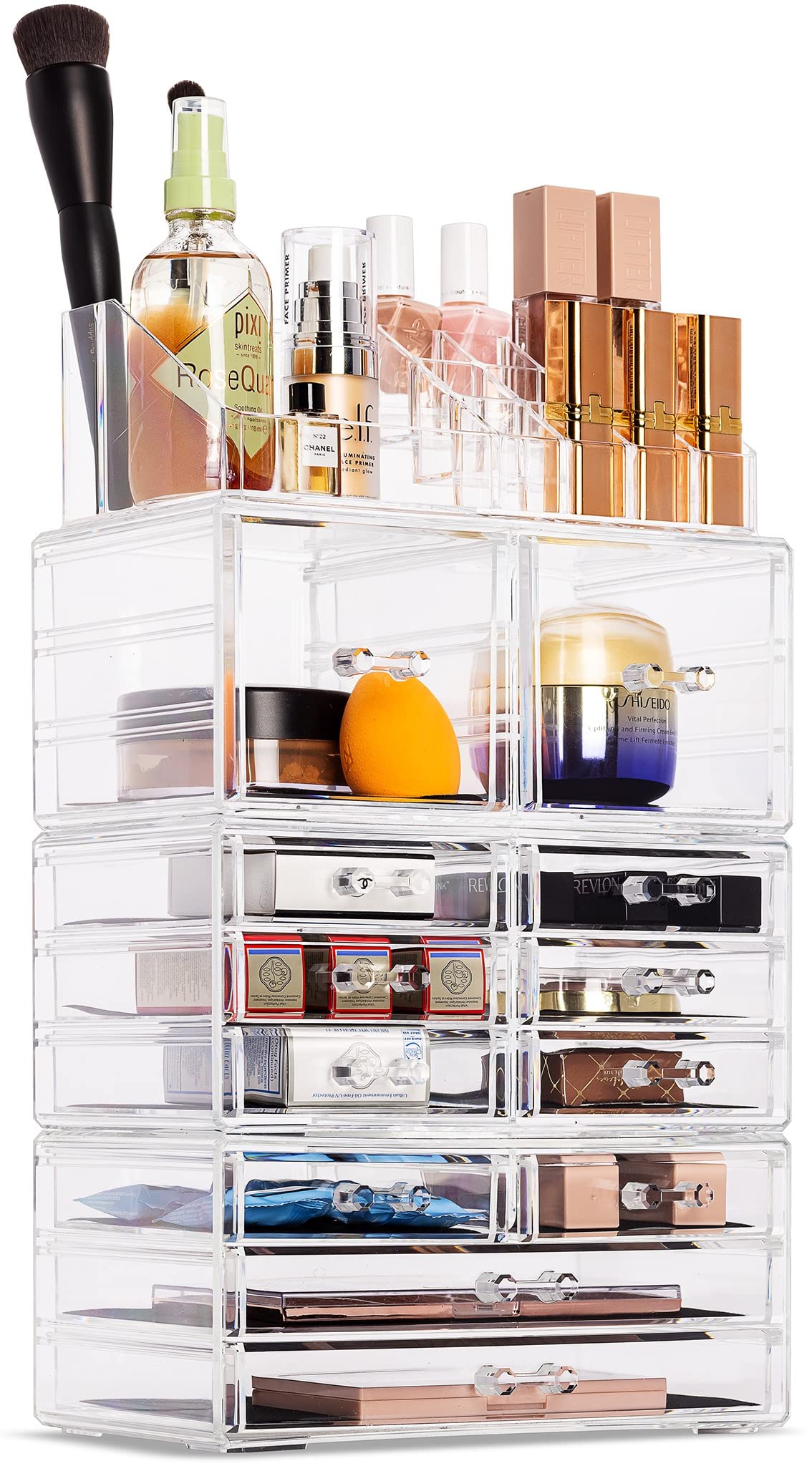 Sorbus Large Clear Stackable Makeup Organizer with 12 Drawers - Jewelry & Cosmetic Storage for Vanity, Bathroom, Dresser - Includes Lipstick & Makeup Brush Holder - Perfect for Beauty Product Organization & Display