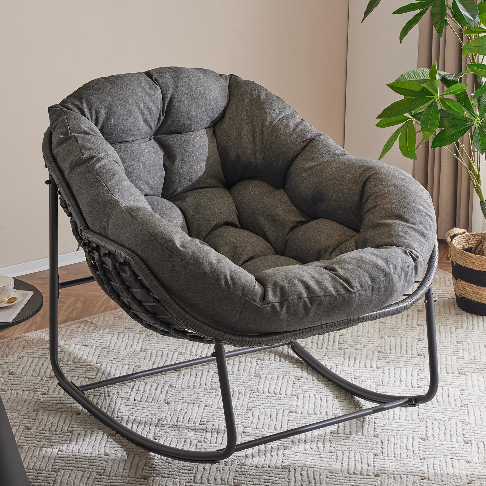 Papasan Rocking Chair with Thick Cushion - Indoor/Outdoor Comfy Patio Chair with Upgraded Steel Frame & Oversized Wicker Design - Perfect for Front Porch, Garden, Bedroom, Living Room (Grey) - Ideal for Relaxing, Reading & Sunbathing