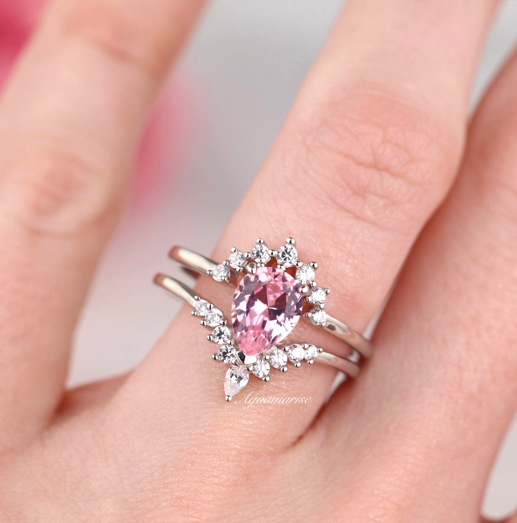 Lunette Teardrop Pink Tourmaline Ring Set in Sterling Silver - Elegant Jewelry for Women, Perfect for Weddings, Anniversaries & Special Occasions