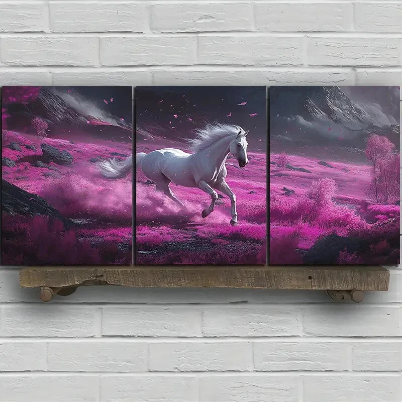 3-Piece Galloping Horse in Pink Grass Metal Wall Art - Ready to Hang Home Decor for Living Room, Bedroom & Office