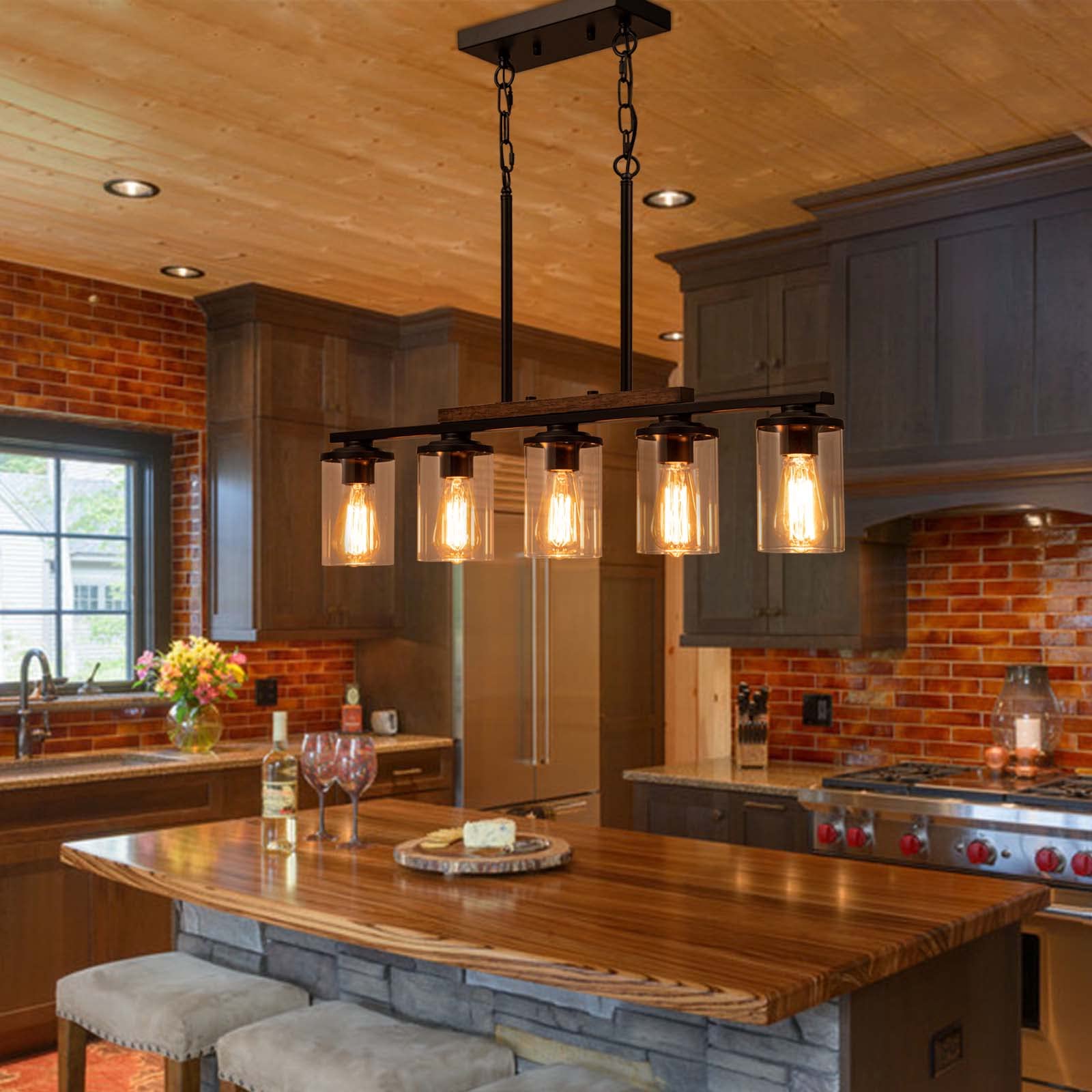 Farmhouse 5-Light Kitchen Island Chandelier - Rustic Wood Frame & Black Metal Finish with Clear Glass Shades - Adjustable Pendant Lighting for Dining Table, Kitchen Island - Perfect for Farmhouse, Rustic & Industrial Style Home Decor