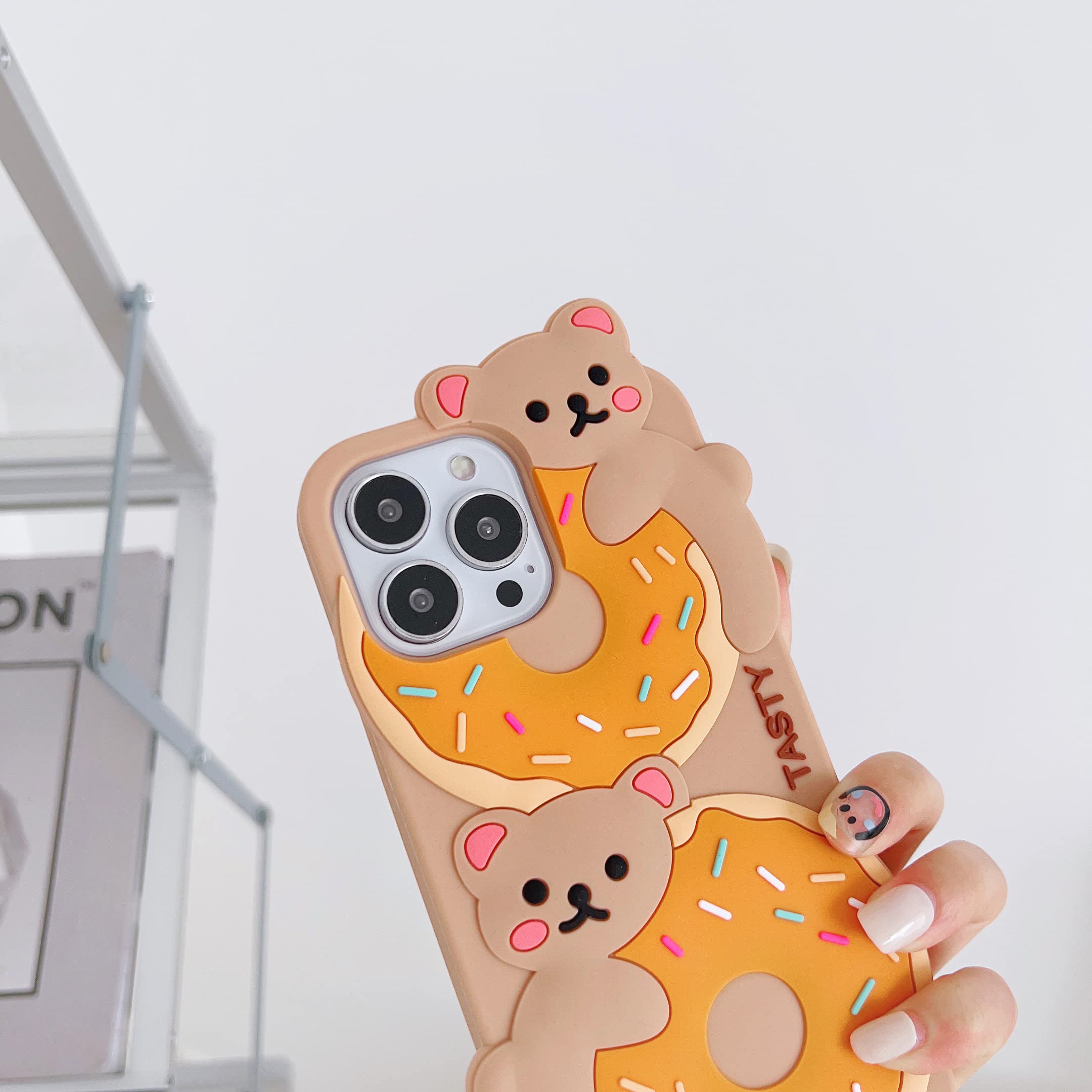 3D Cute Donut Bear Soft Silicone Case for iPhone 13 Pro (6.1 inch) - Cartoon Character Phone Cover for Kids, Girls & Women - Perfect for School, Work & Everyday Protection (Donut Bear Design)